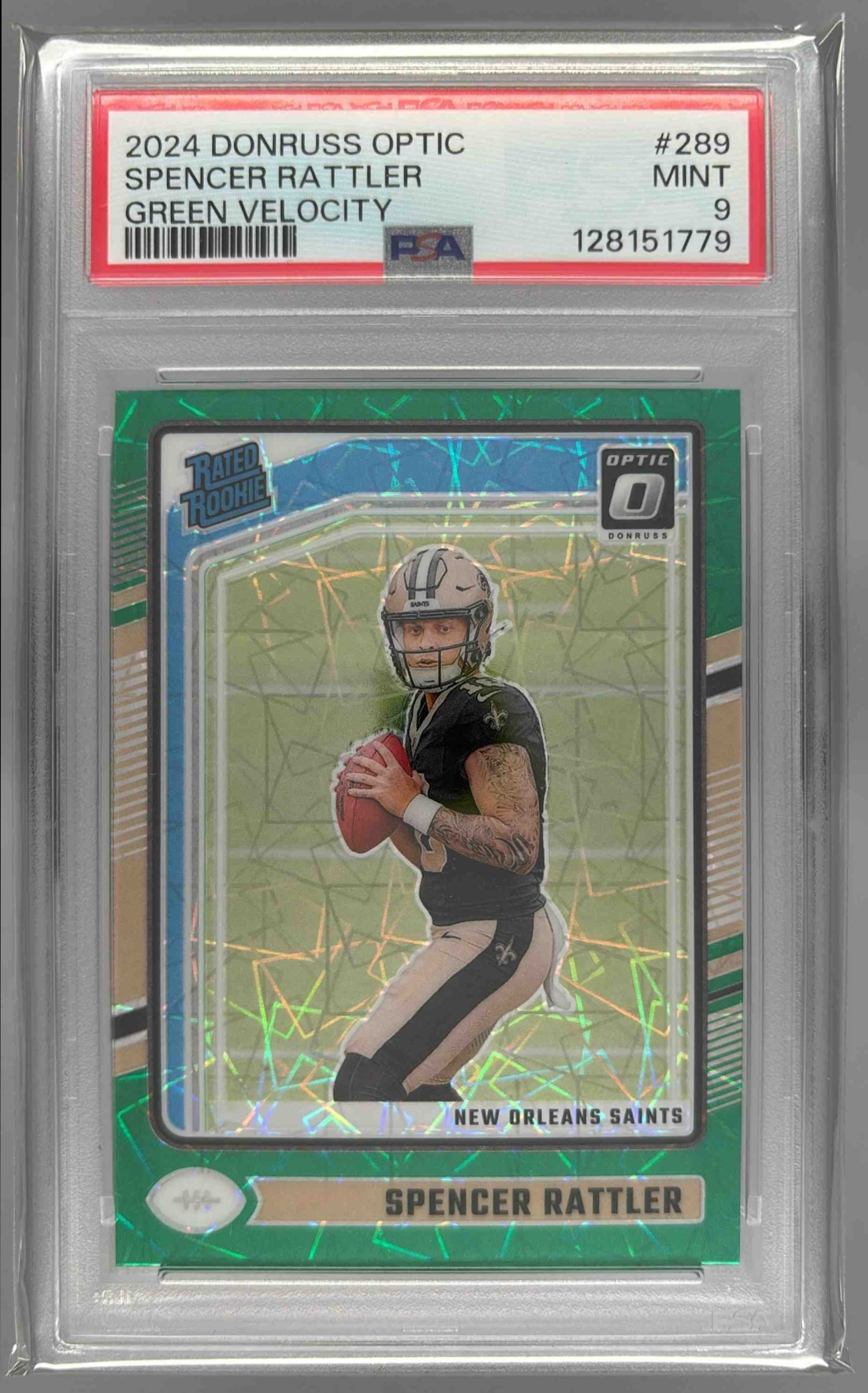 Card image for 2024 Panini Donruss Optic Spencer Rattler Green Velocity #289 Rated Rookie Saints
