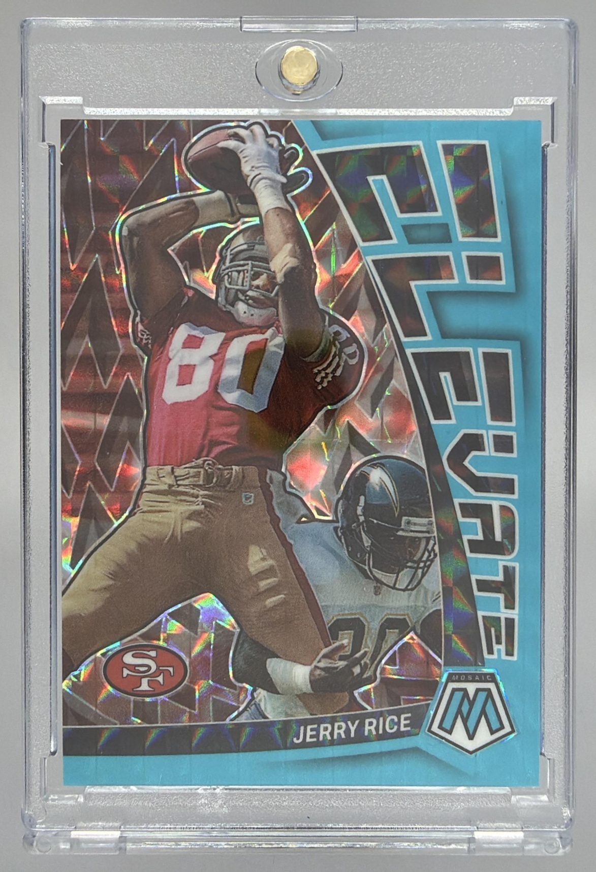 Card image for 2023 Panini Mosaic Jerry Rice Elevate Mosaic Blue Fluorescent /15 #E-JR 49ers