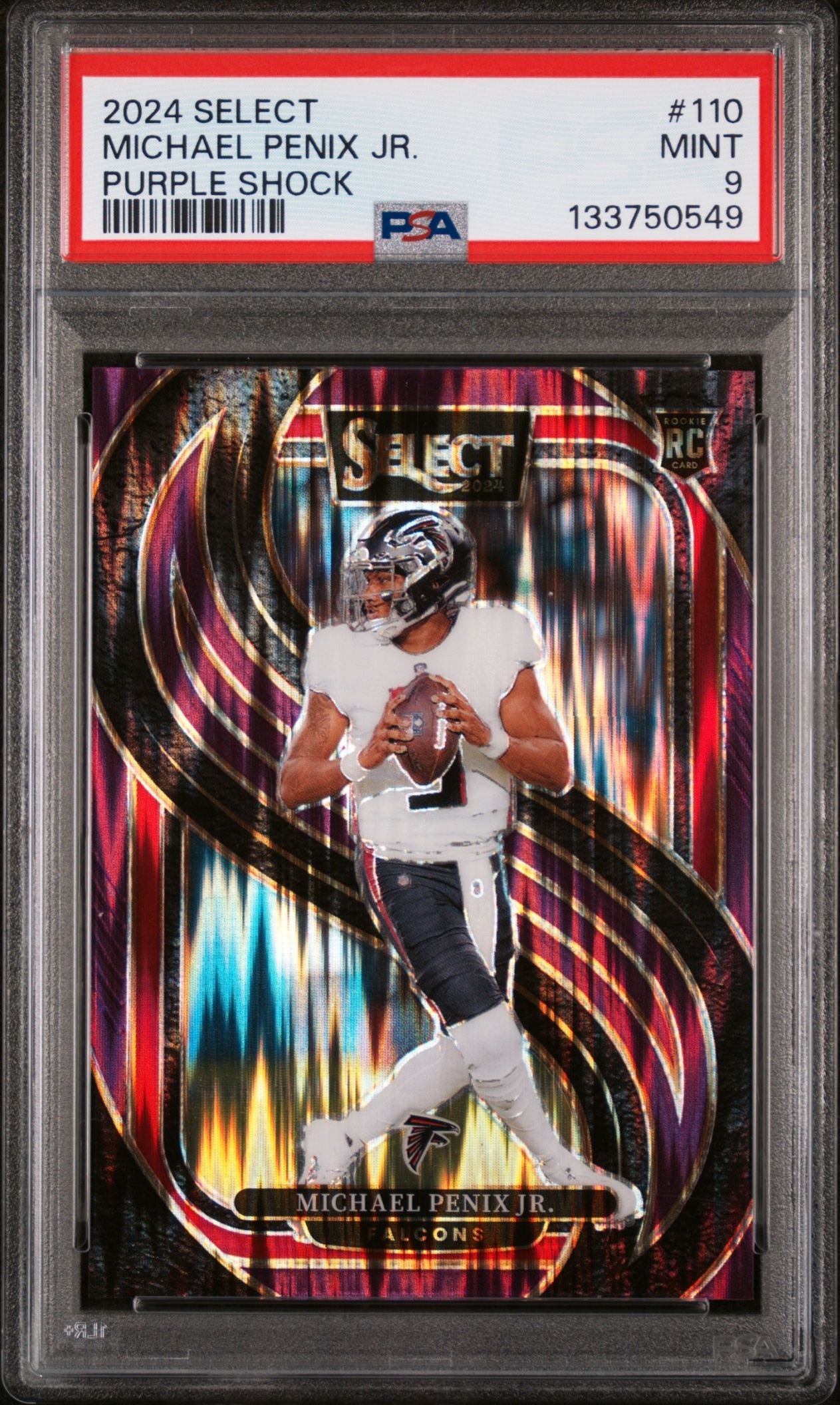 Card image for 2024 Panini Select Michael Penix Jr. Premier Purple Prizm Shock /360 #110 Falcons
