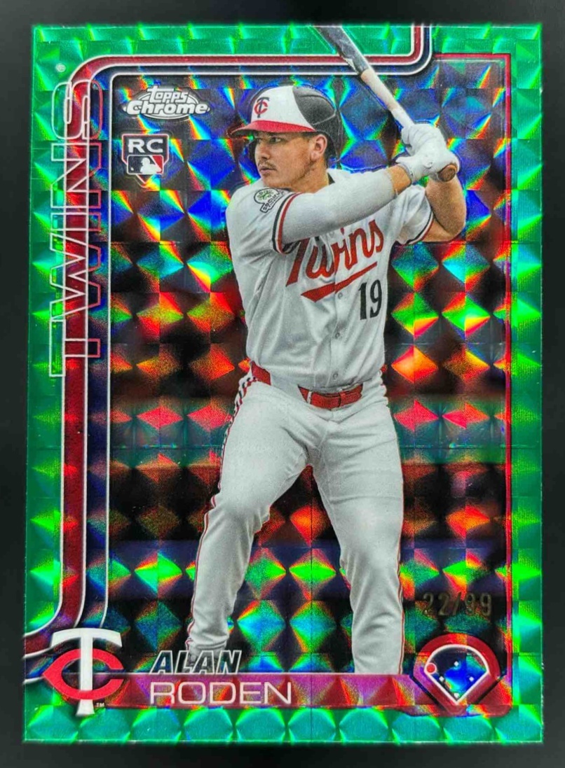Card image for 2025 Topps Chrome Update Alan Roden Green Geometric Refractor /99 RC