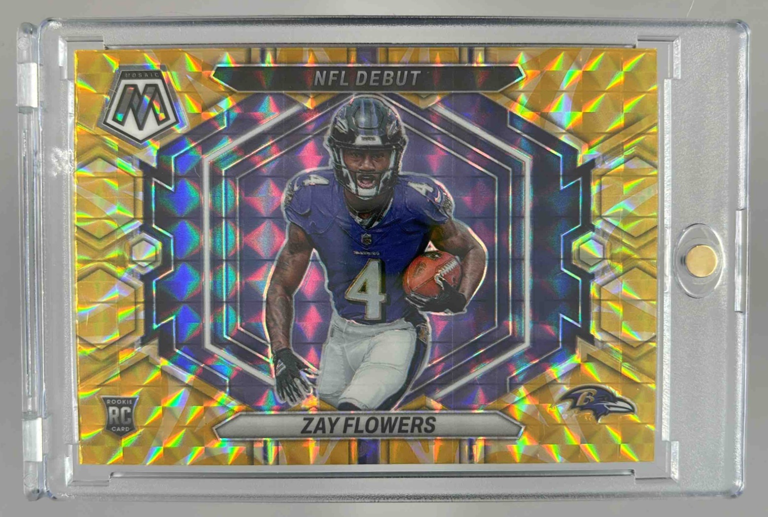 Card image for 2023 Panini Mosaic Zay Flowers Reactive Yellow #ND-18 RC NFL Debut Ravens