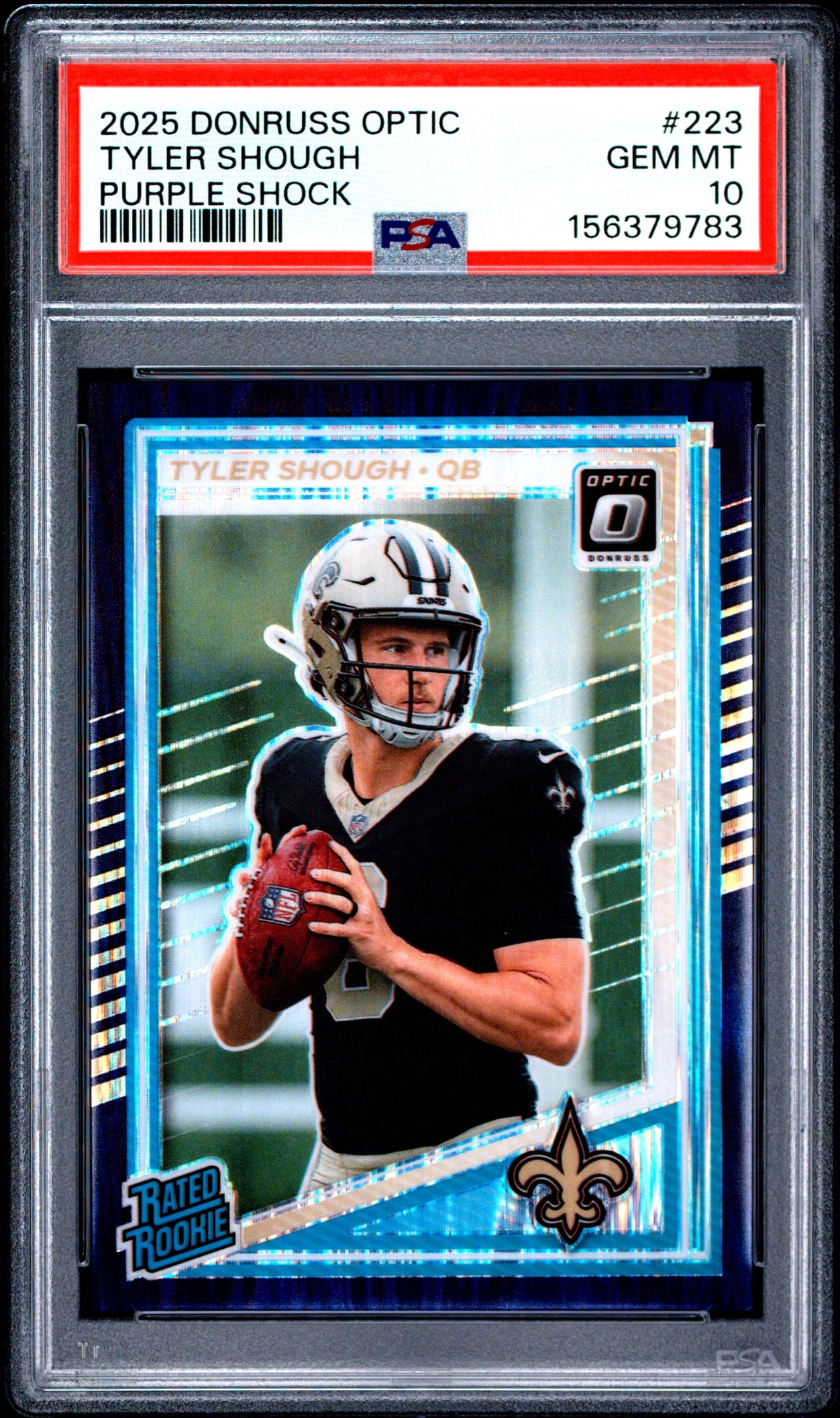 Card image for 2025 Panini Donruss Optic Tyler Shough Rated Rookie Purple Shock Prizm #223 Saints PSA 10
