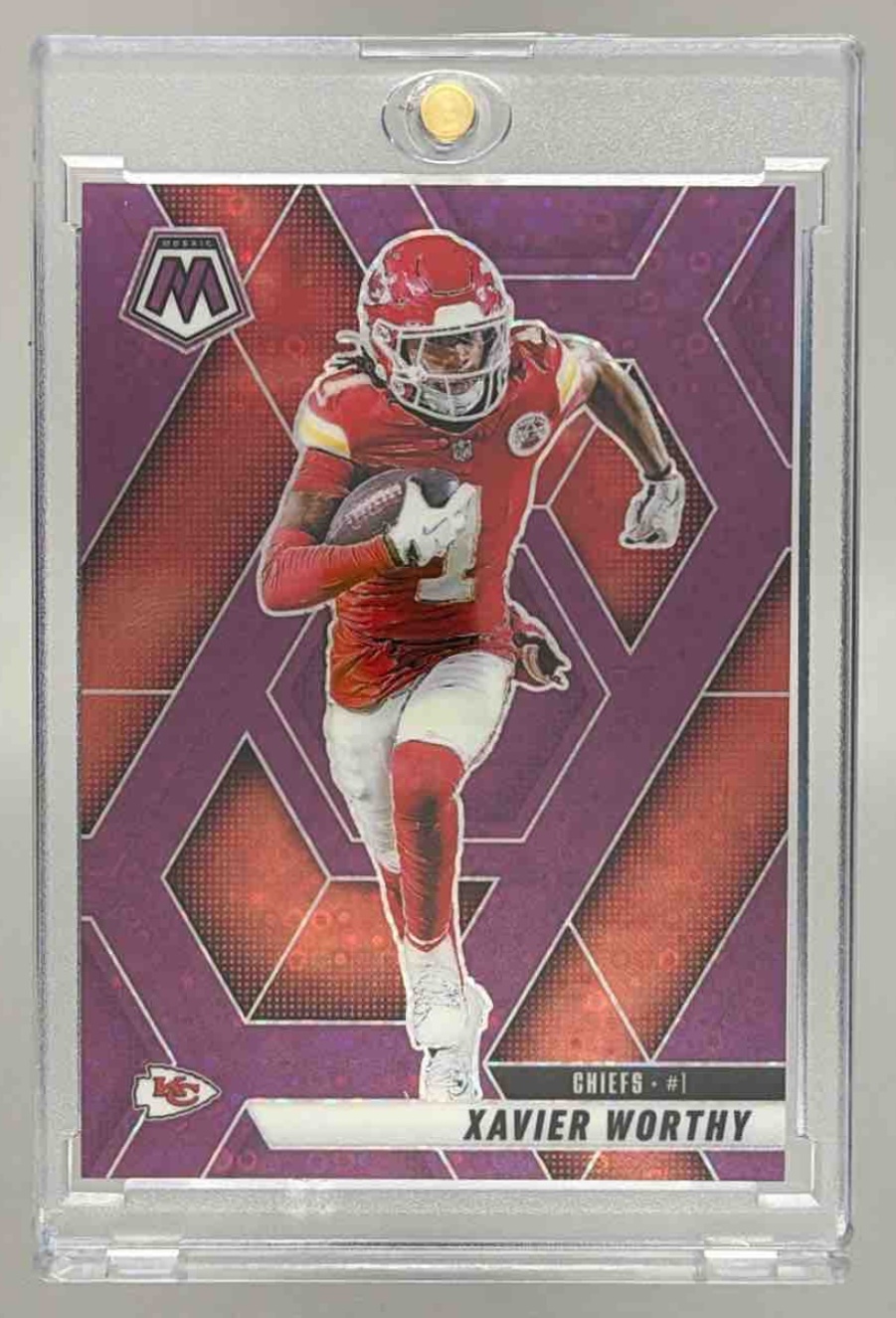 Card image for 2025 Panini Mosaic Xavier Worthy No Huddle Purple Prizm /50 #184 Chiefs