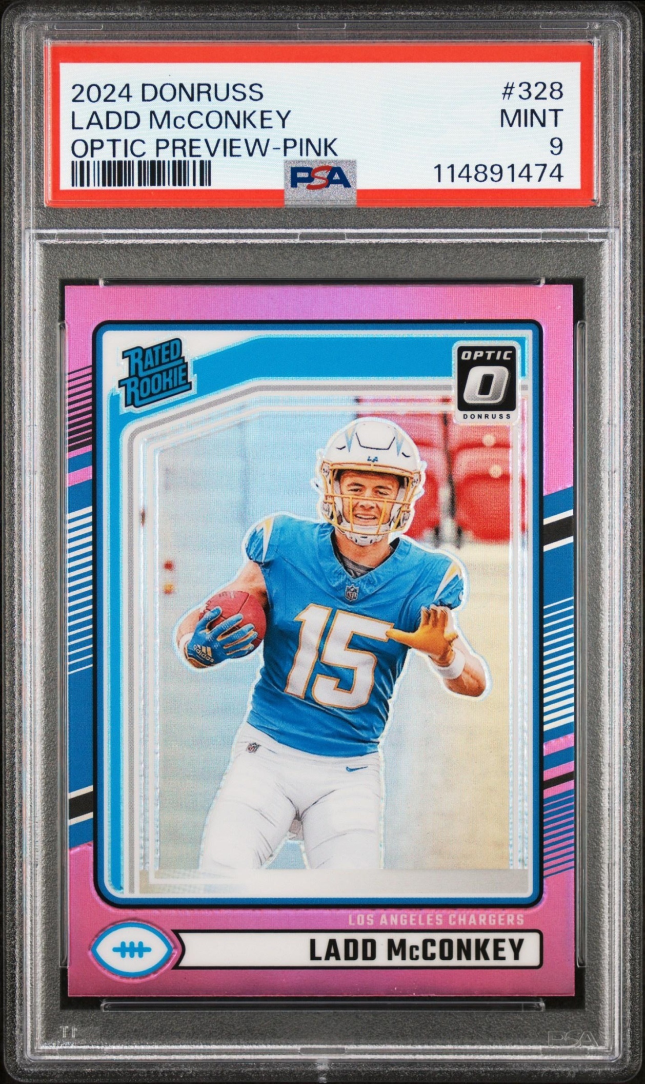 Card image for 2024 Panini Donruss Ladd McConkey Optic Rated Rookie Preview Red and Green #328 Chargers