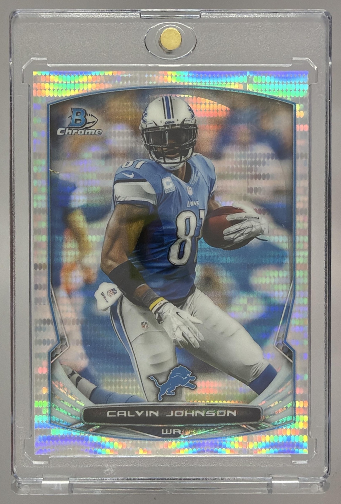 Card image for 2014 Bowman Chrome Calvin Johnson Pulsar Refractor /271 #75 Lions