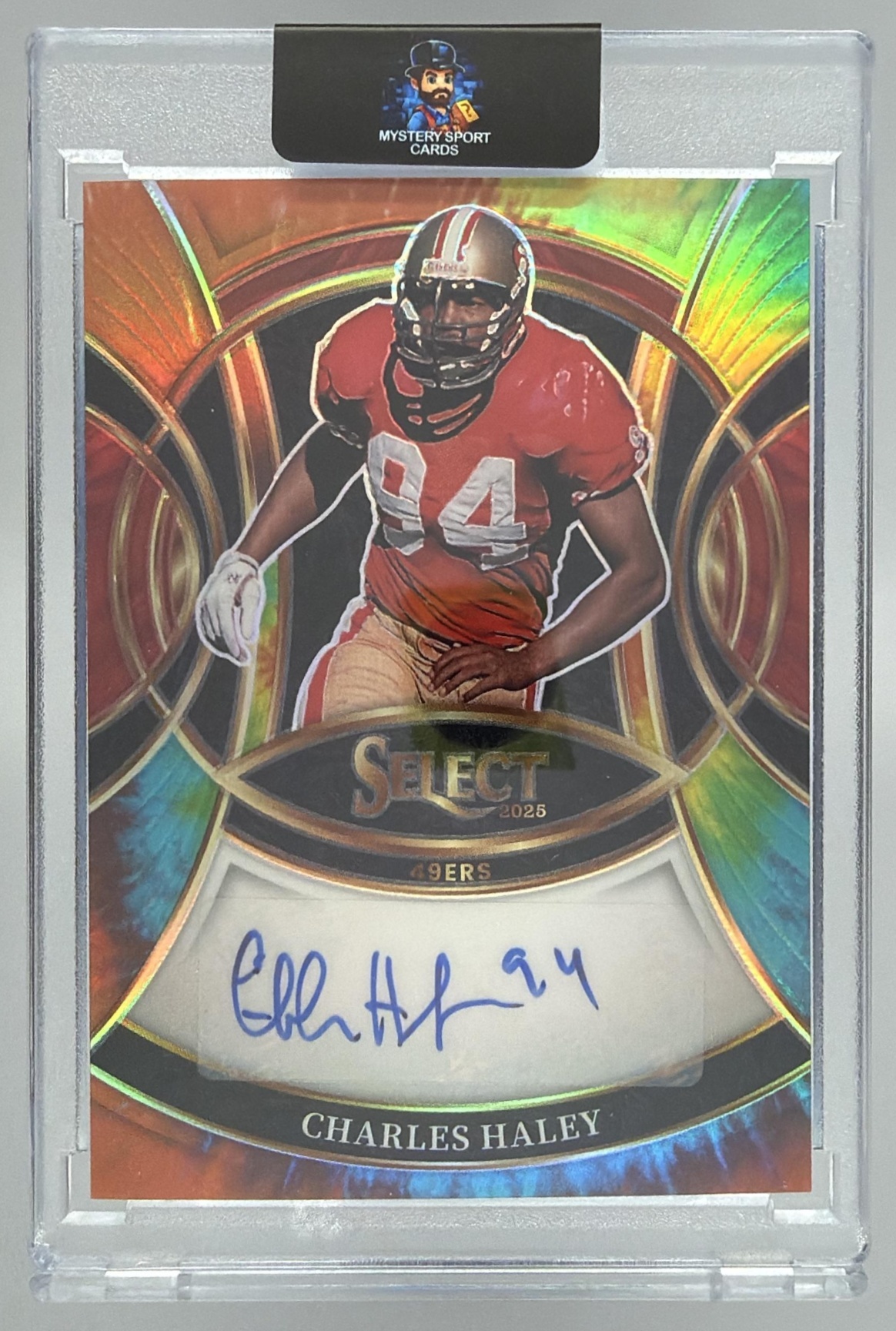 Card image for 2025 Panini Select Charles Haley Signatures Tie-Dye Prizm /25 #SP-CHY Auto 49ers