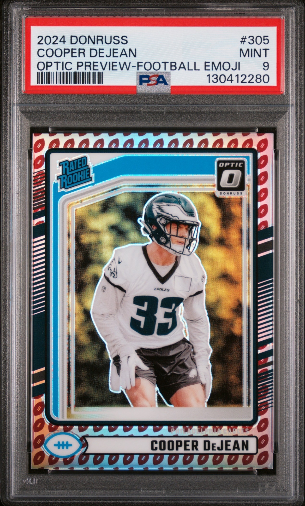 Card image for 2024 Panini Donruss Cooper DeJean Optic Rated Rookie Preview Football Emoji #305 RC Eagles