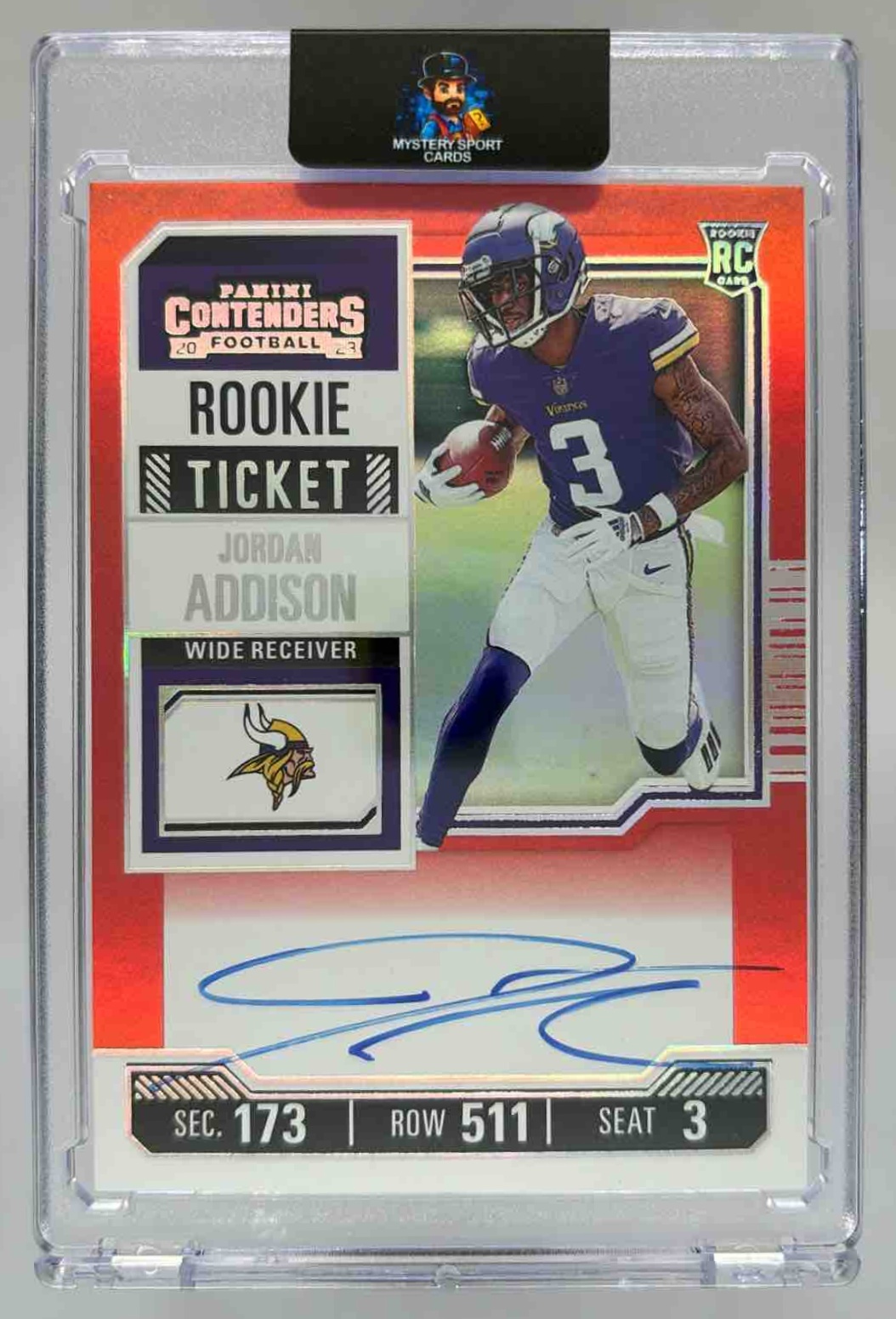 Card image for 2023 Panini Contenders Optic Jordan Addison #120 Rookie Ticket RPS Auto RC Vikings