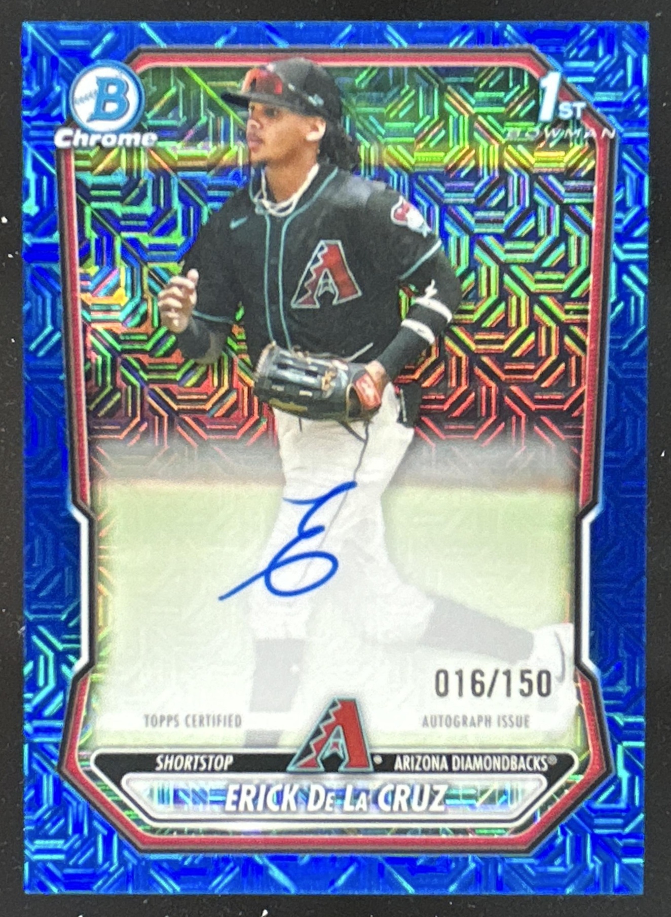 Card image for Erick De La Cruz 2026 Bowman Chrome Mega Box Prospects Auto Blue Mojo Refractor /150