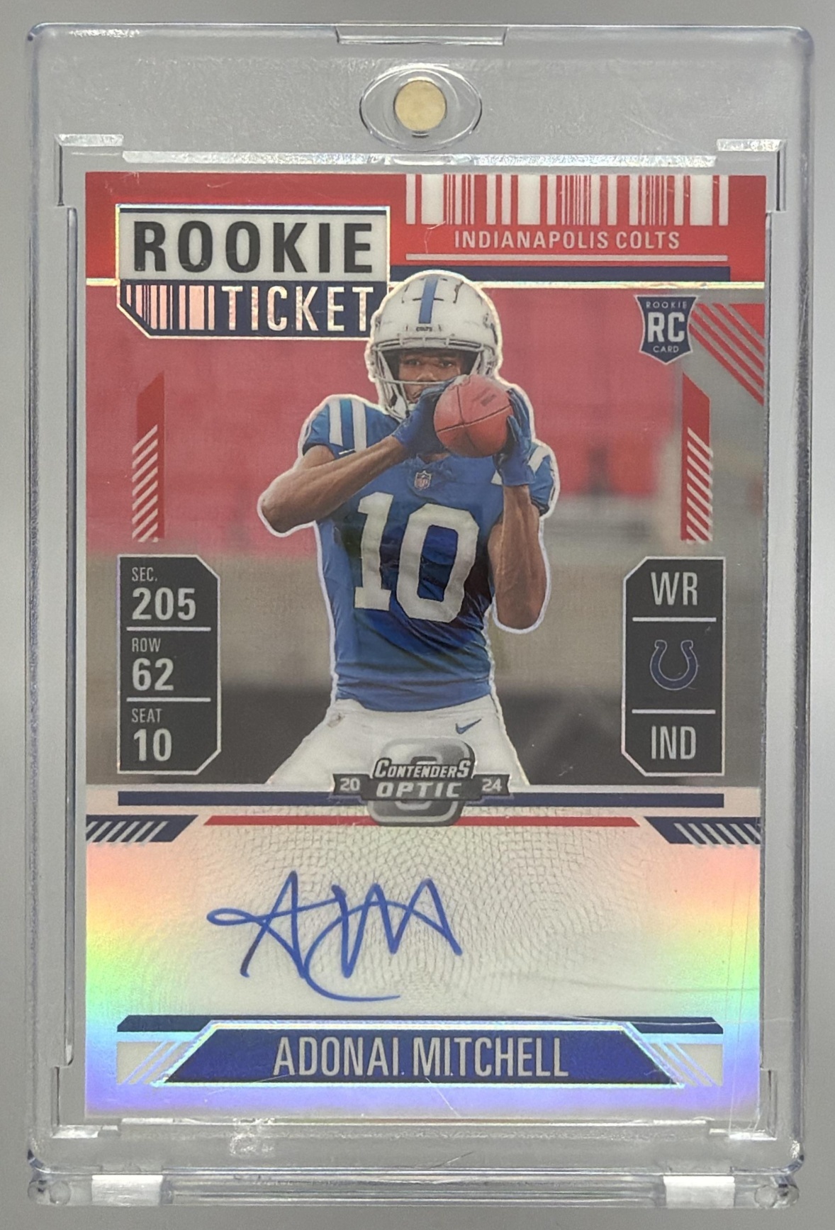Card image for 2024 Panini Contenders Optic Adonai Mitchell Rookie Ticket RPS Auto Red Prizm /175 #108 RC Colts