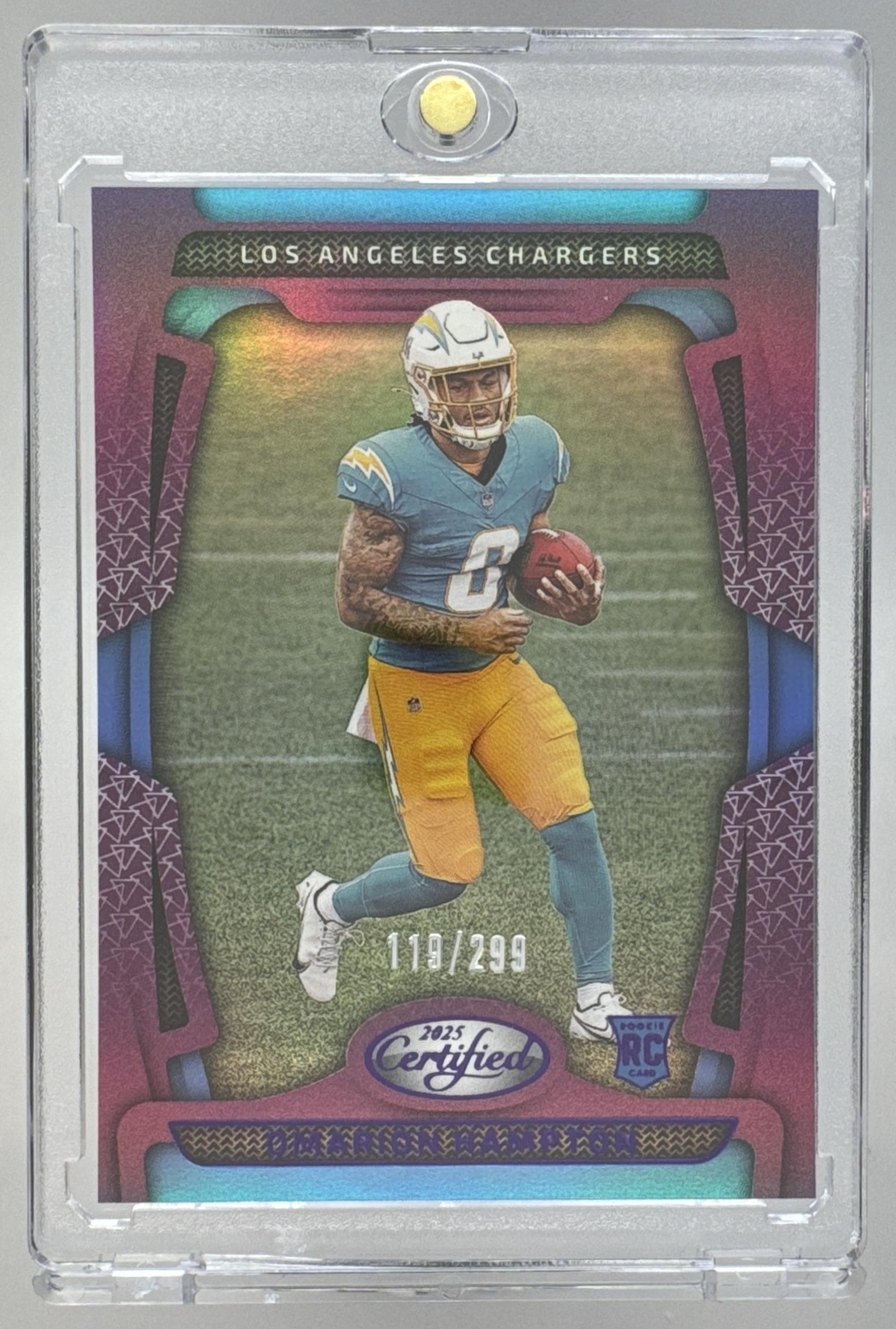 Card image for 2025 Panini Certified Omarion Hampton Rookies Mirror Purple /299 #118 RC Chargers