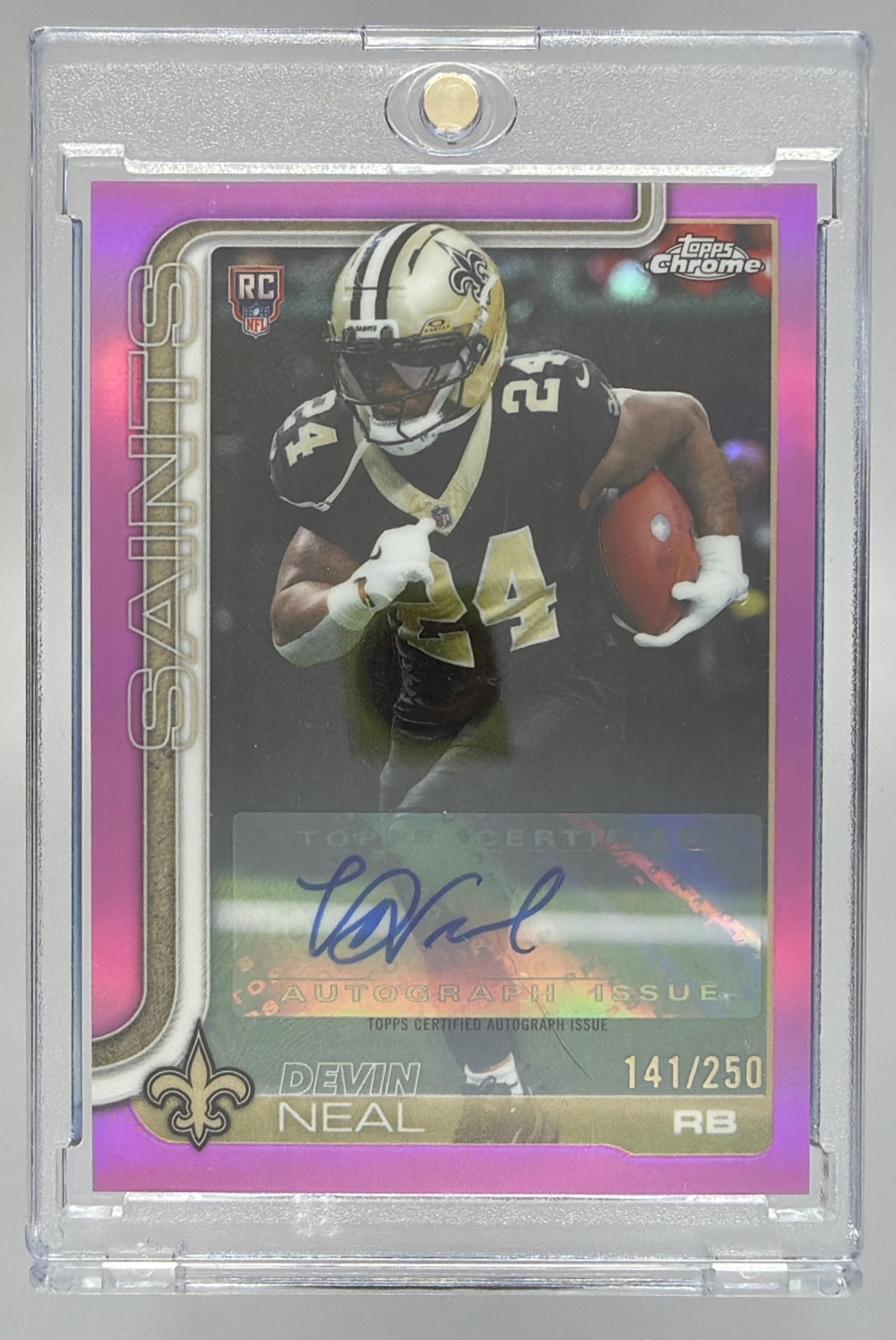 Card image for 2025 Topps Chrome Devin Neal Rookie Auto Pink Refractor /250 #RA-DN RC Saints