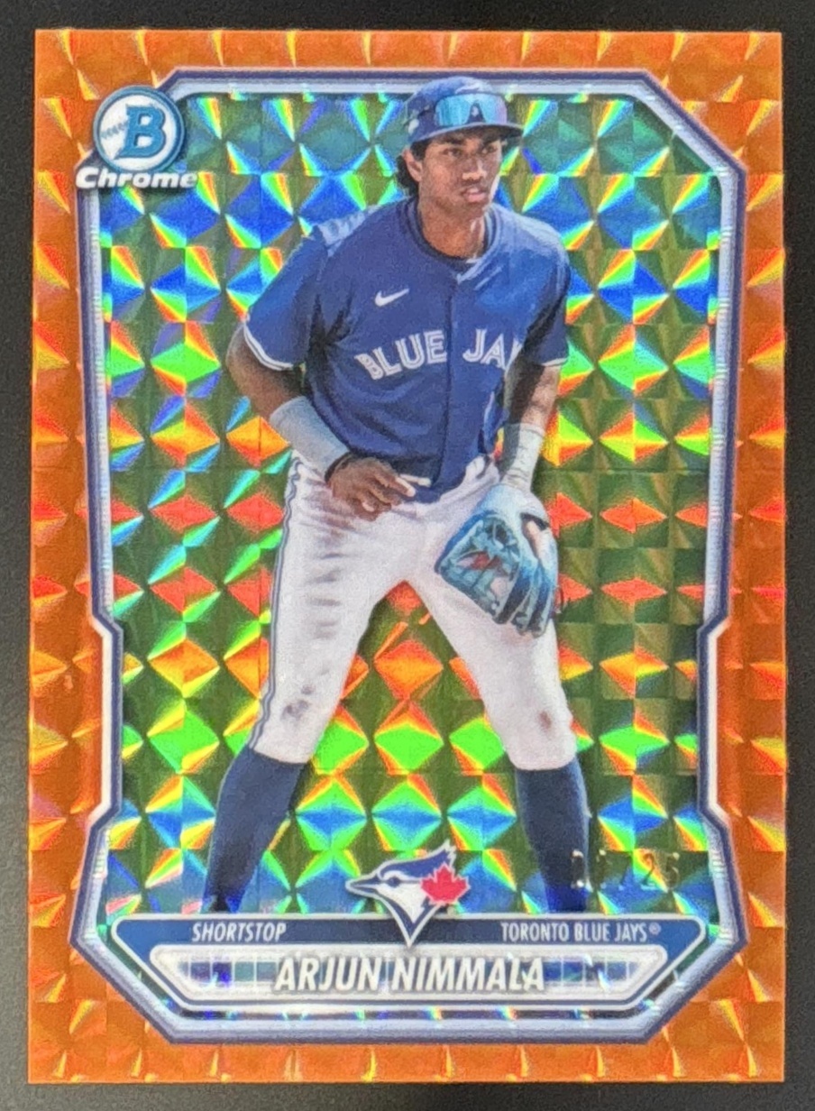 Card image for 2026 Bowman Arjun Nimmala Chrome Prospects Orange Geometric Refractor /25