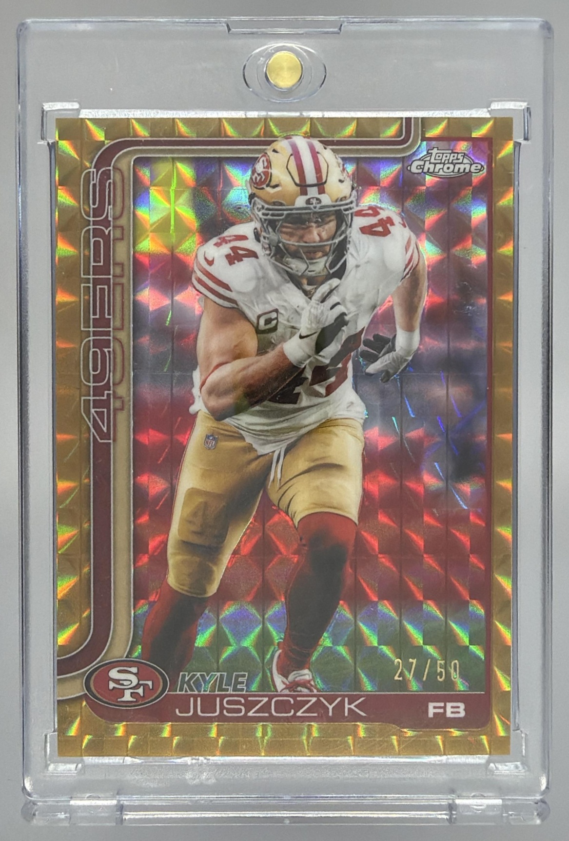 Card image for 2025 Topps Chrome Kyle Juszczyk Gold Geometric Refractor /50 #270 49ers