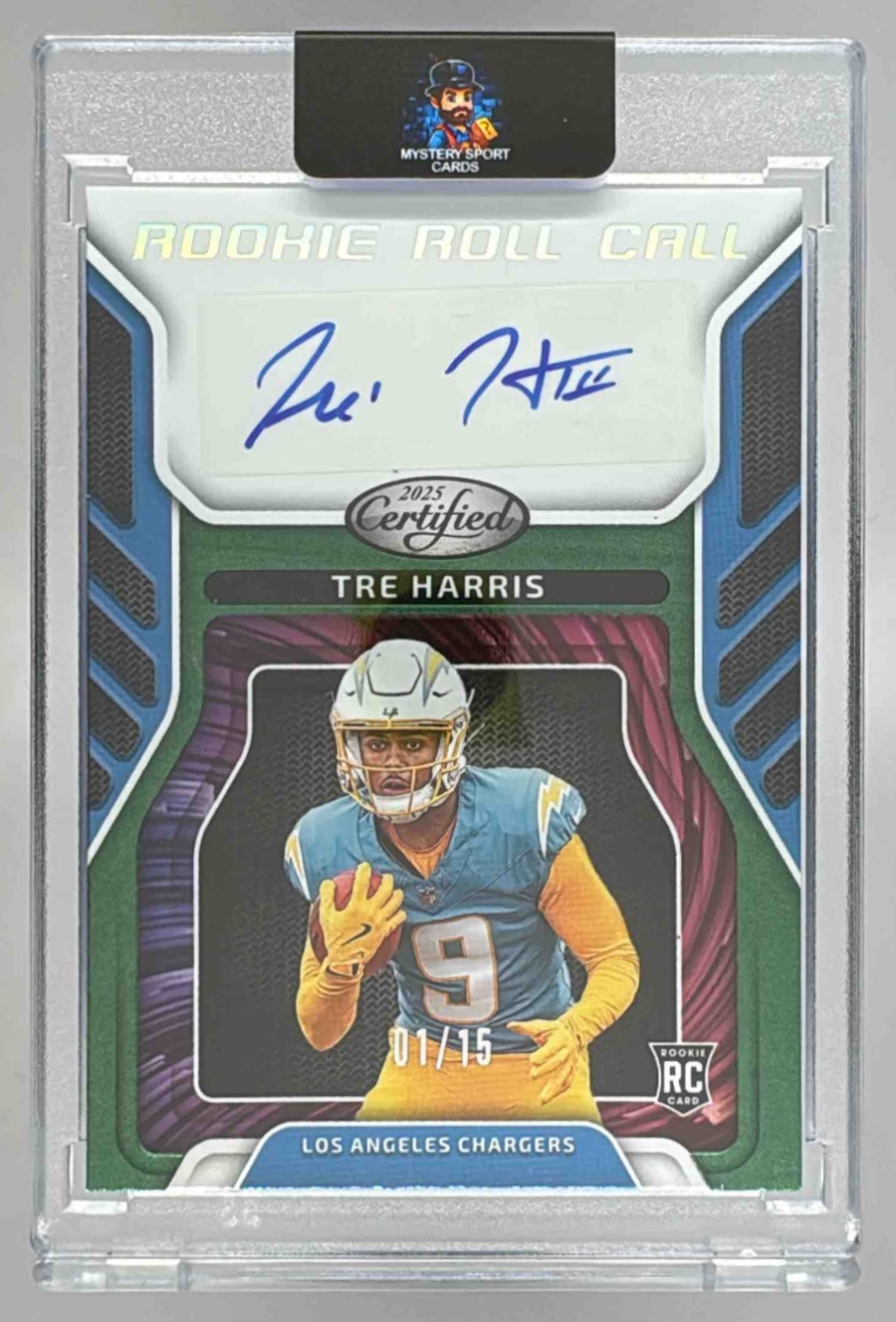 Card image for 2025 Panini Certified Tre Harris Rookie Roll Call Signatures Green Etch /15 #RRC-THS RC Auto Chargers