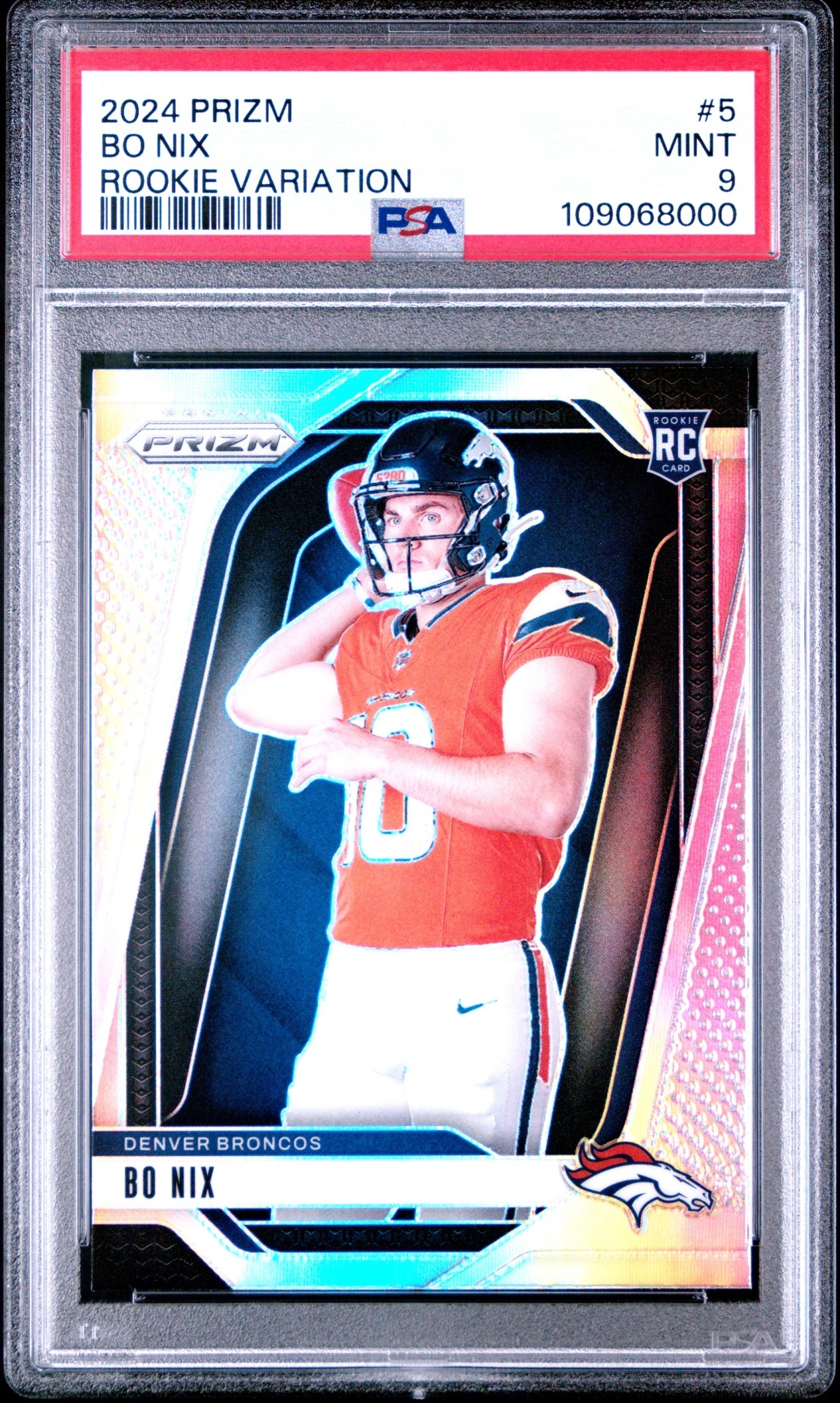 Card image for 2024 Panini Football Prizm Bo Nix Rookie Variations #5 RC VAR Denver Broncos
