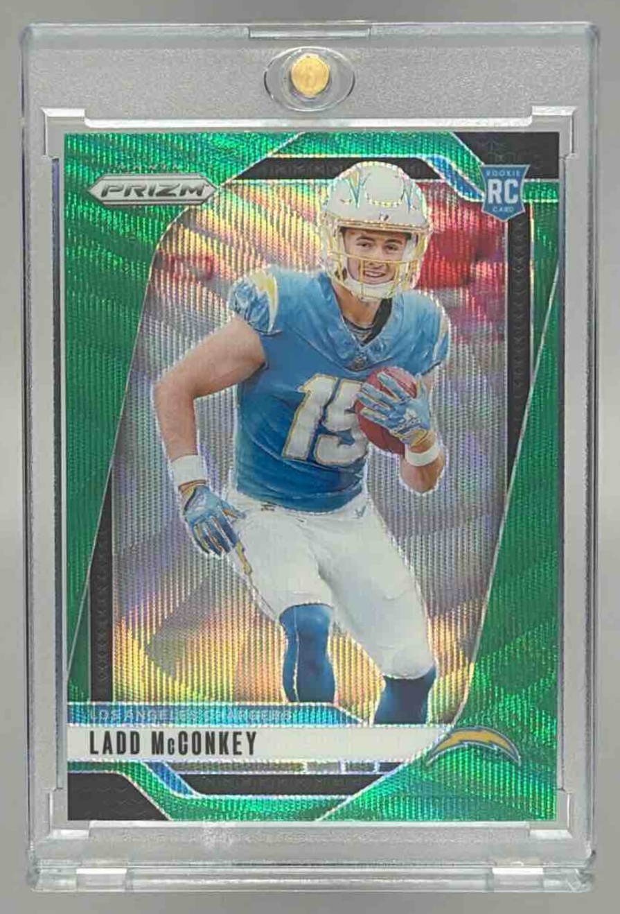 Card image for 2024 Panini Football Prizm Ladd McConkey Green #365 RC Los Angeles Chargers
