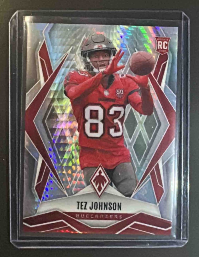 Card image for 2025 Panini Phoenix Tez Johnson #166 Silver pyramid RC Buccaneers