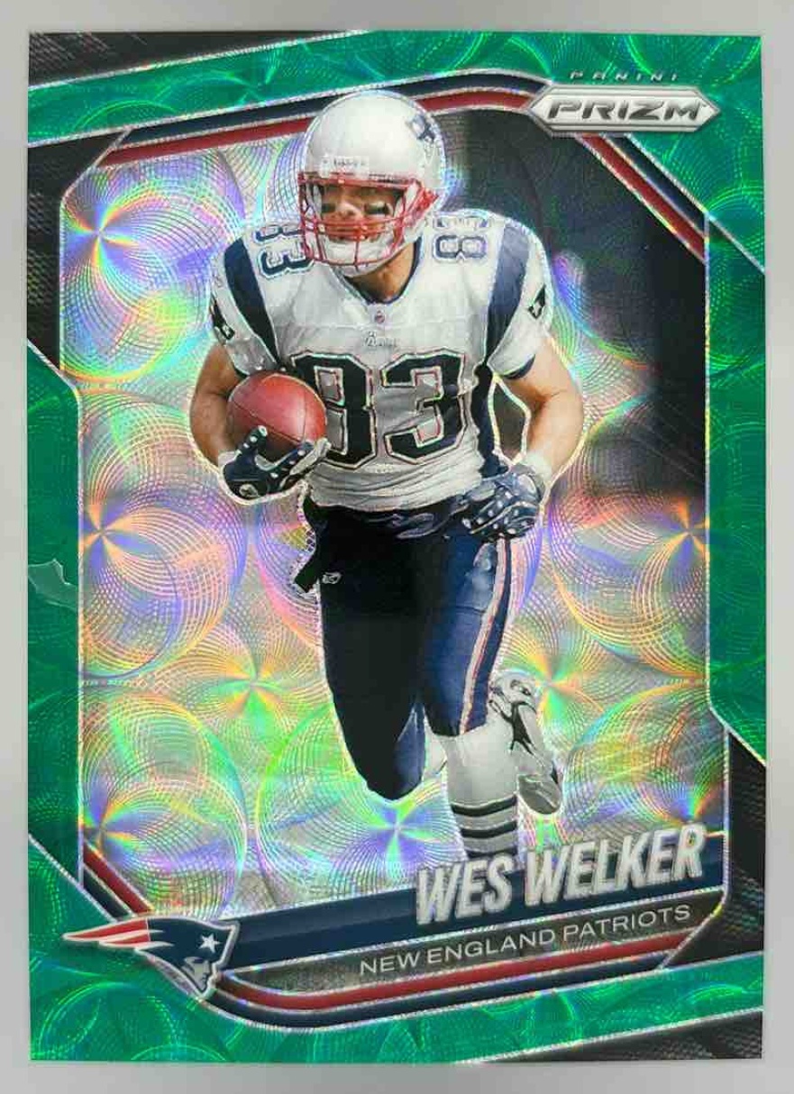 Card image for 2024 Panini Football Prizm Wes Welker Green Scope /75 #201 New England Patriots