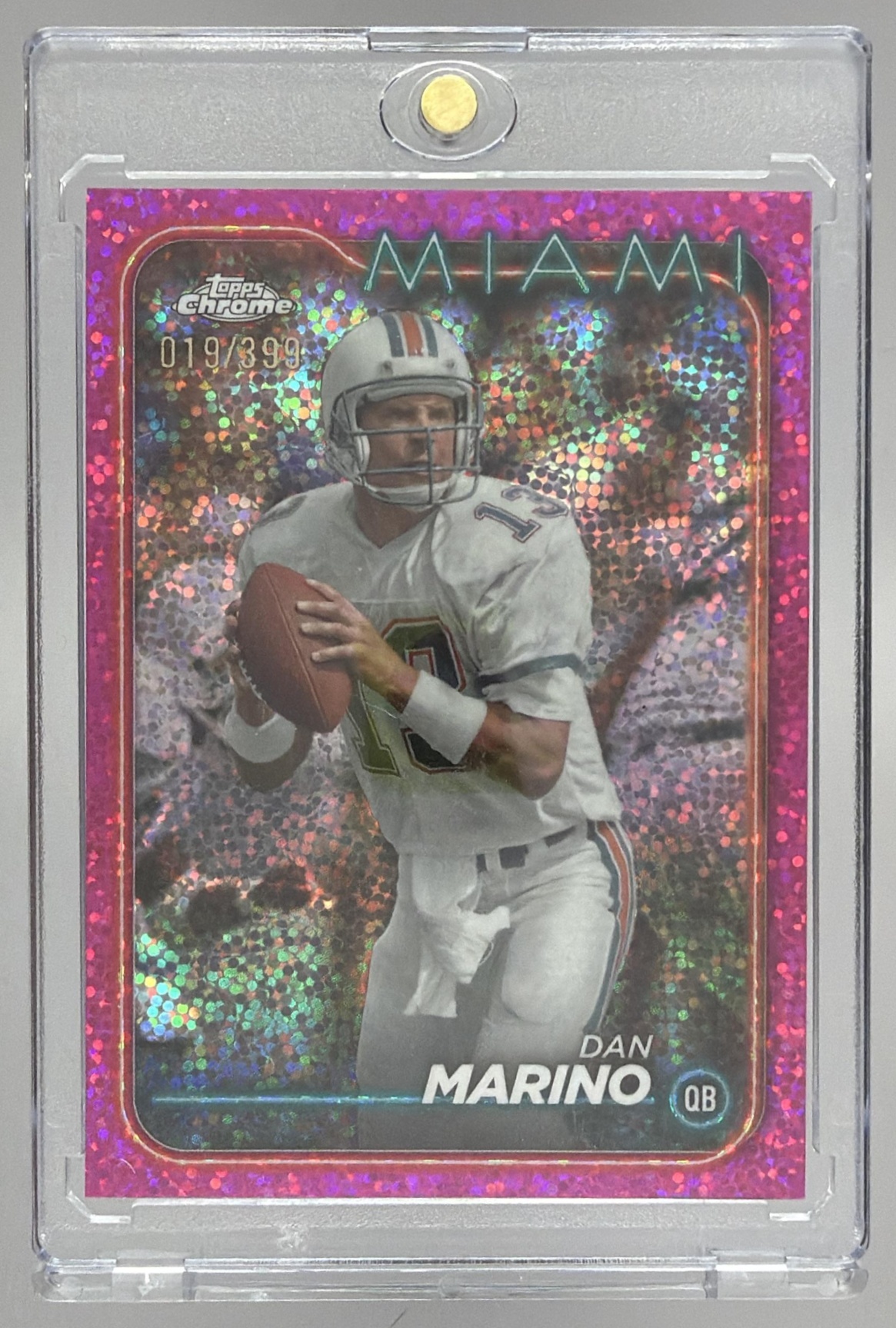 Card image for 2024 Topps Football Chrome Dan Marino Magenta Refractor /399 #106 Miami Dolphins