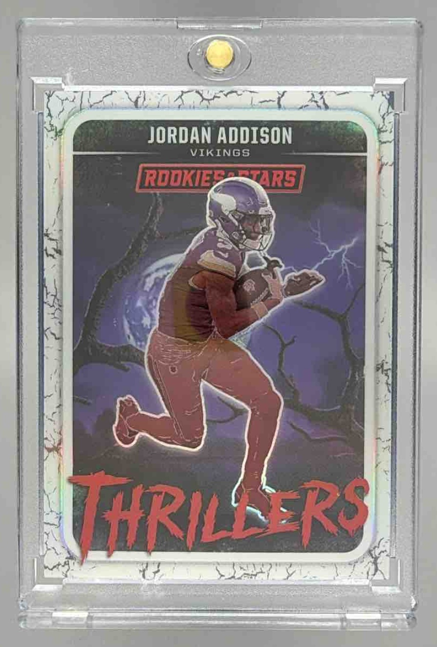Card image for 2025 Panini Rookies & Stars Jordan Addison Thrillers White /149 #18 Vikings