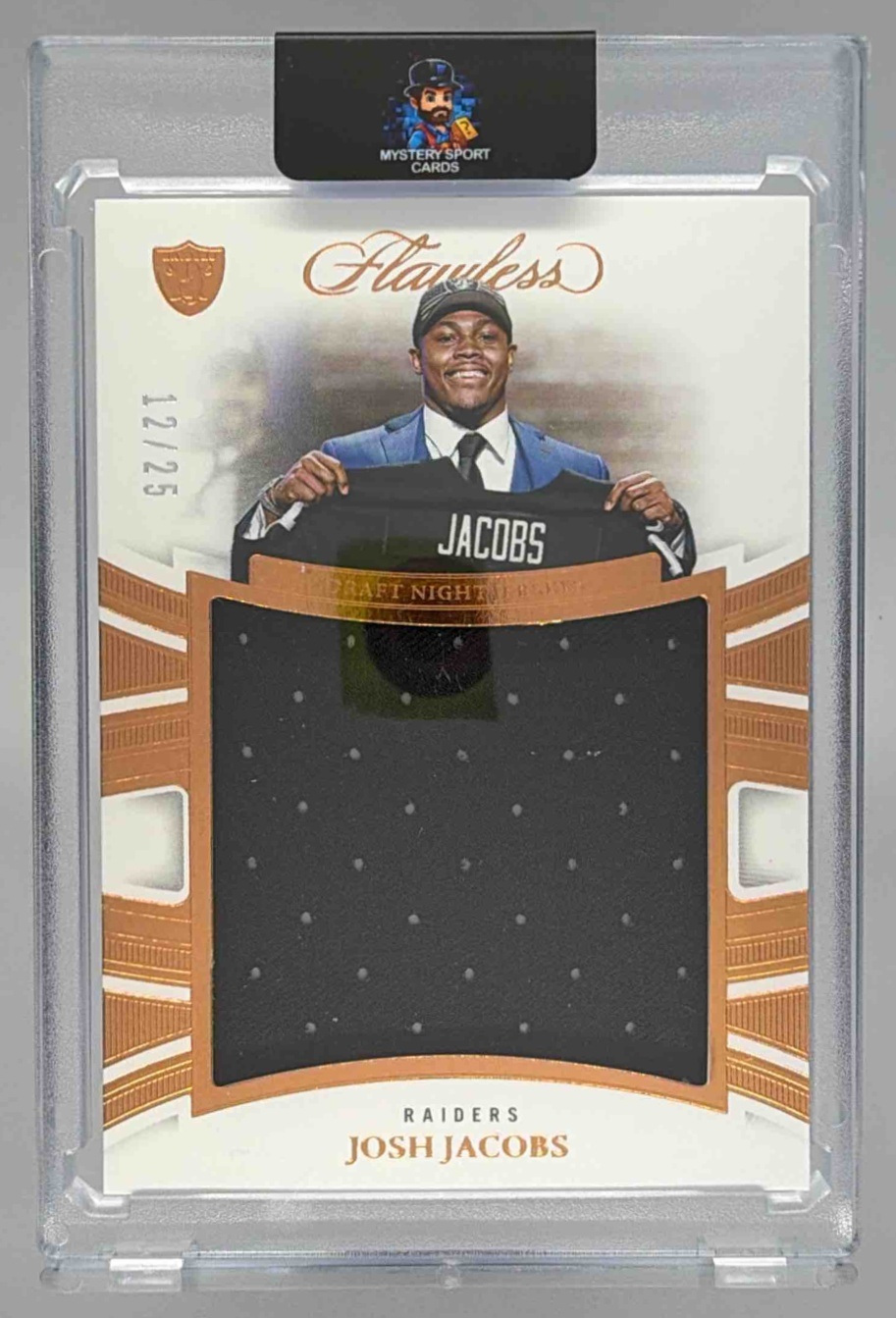 Card image for 2025 Panini Flawless Josh Jacobs Draft Night Jerseys /25 #13 MEM Raiders