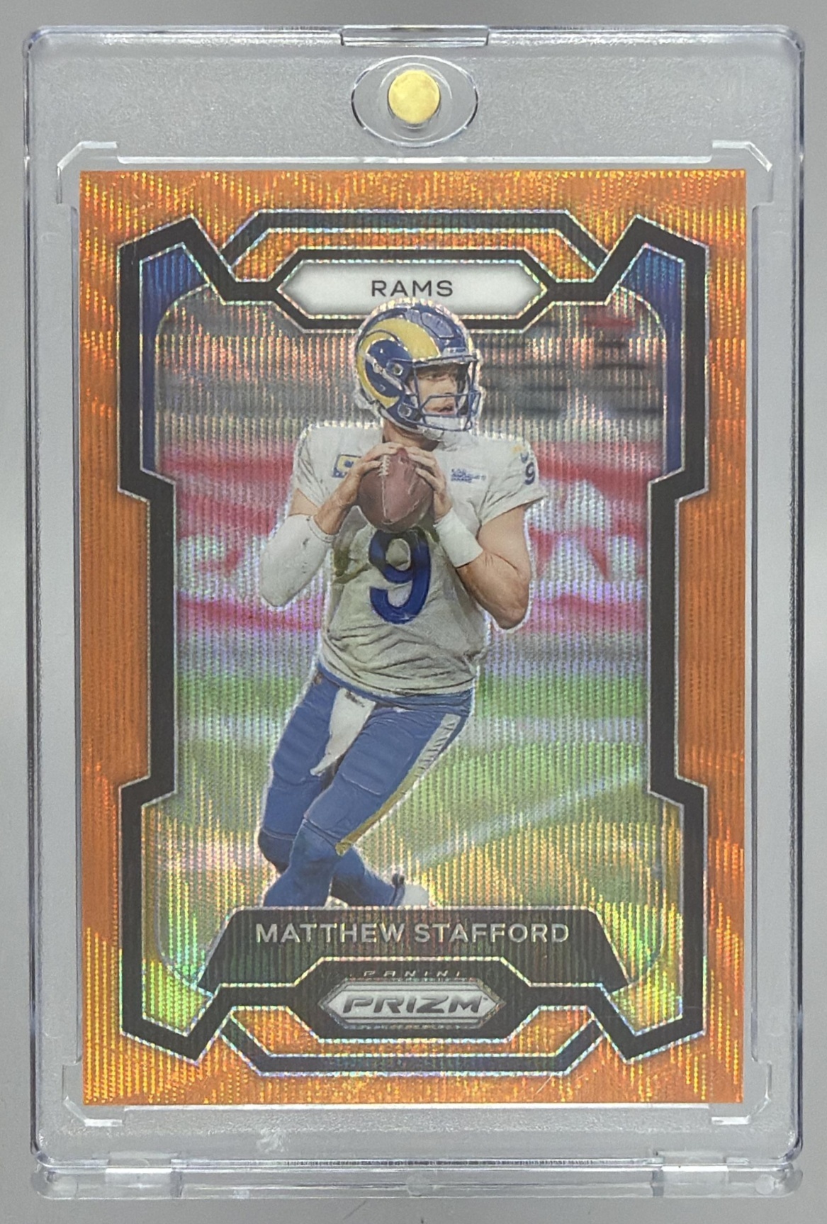 Card image for 2023 Panini Prizm Matthew Stafford Orange Wave /60 #169 Rams