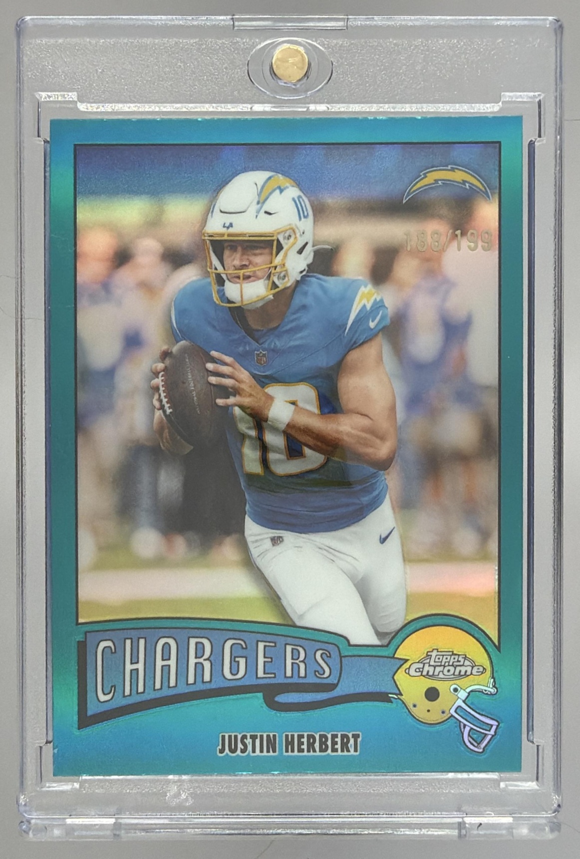 Card image for 2025 Topps Chrome Justin Herbert 1975 Aqua Refractor /199 #1975-18 Chargers