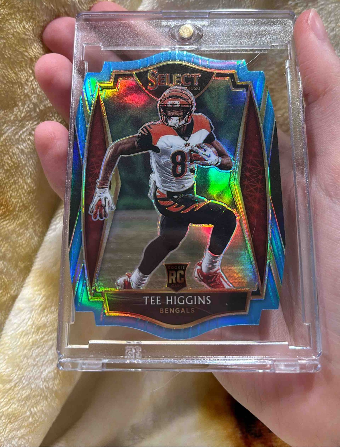 Card image for 2020 Panini Select Tee Higgins Blue Prizm Die Cut #160 RC Premier Bengals