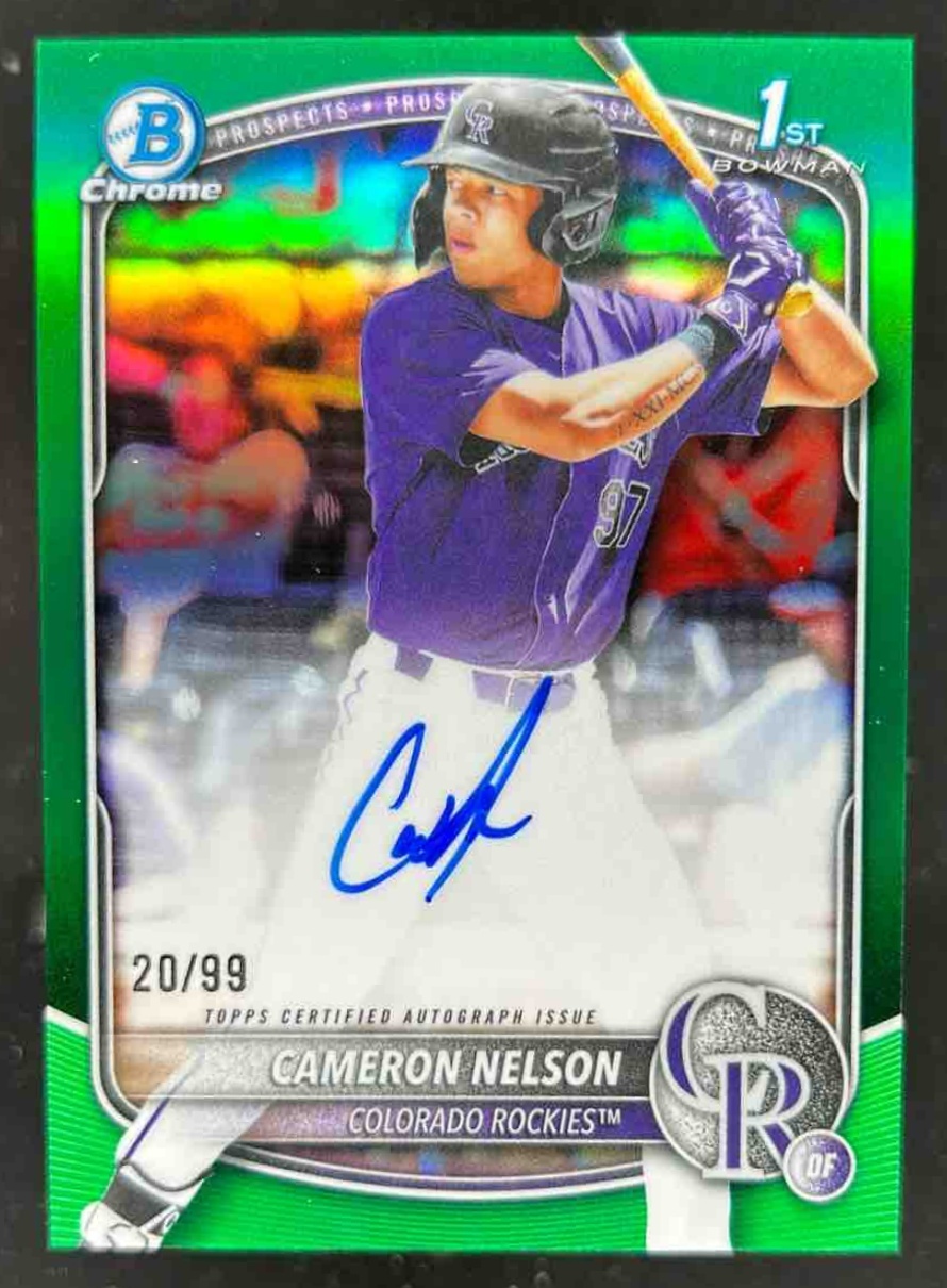 Card image for Cameron Nelson 2025 Bowman Draft Chrome Prospect Auto Green Refractor /99