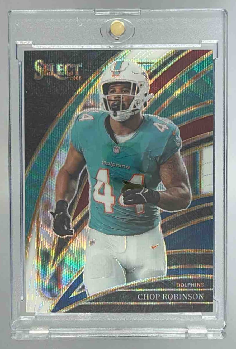 Card image for 2025 Panini Select Chop Robinson Club Level Tri-Color Prizm /249 #283 Dolphins