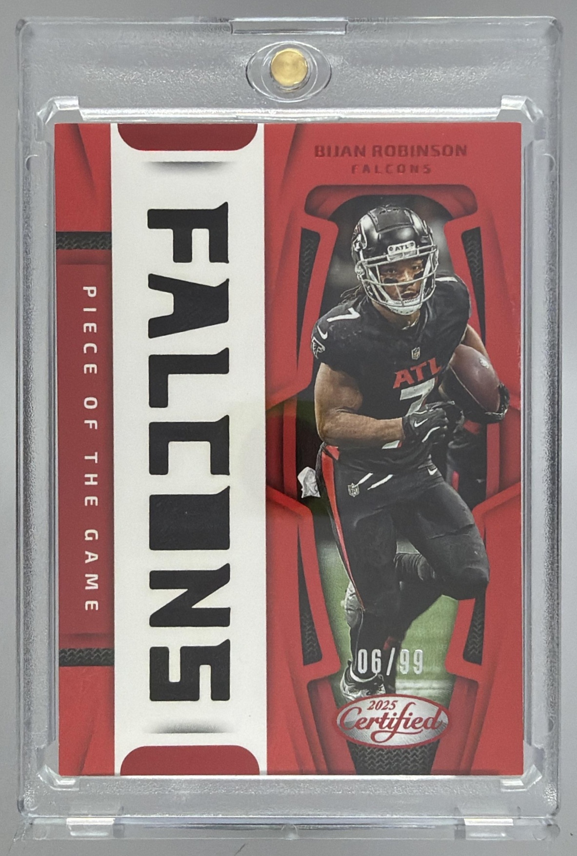 Card image for 2025 Panini Certified Bijan Robinson Piece of the Game Red /99 #POG-BRN Falcons