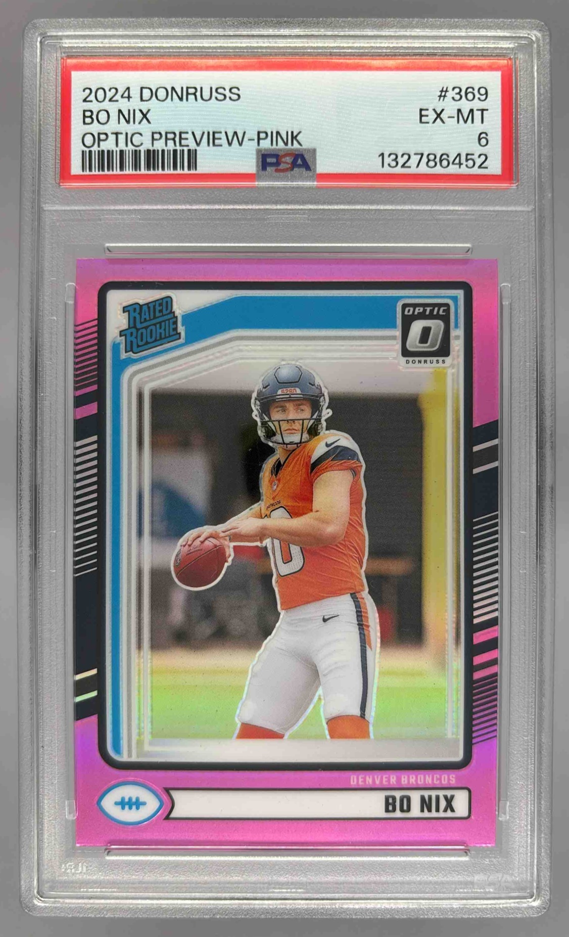 Card image for 2024 Panini Donruss Bo Nix Optic Rated Rookie Preview Pink #369 Broncos