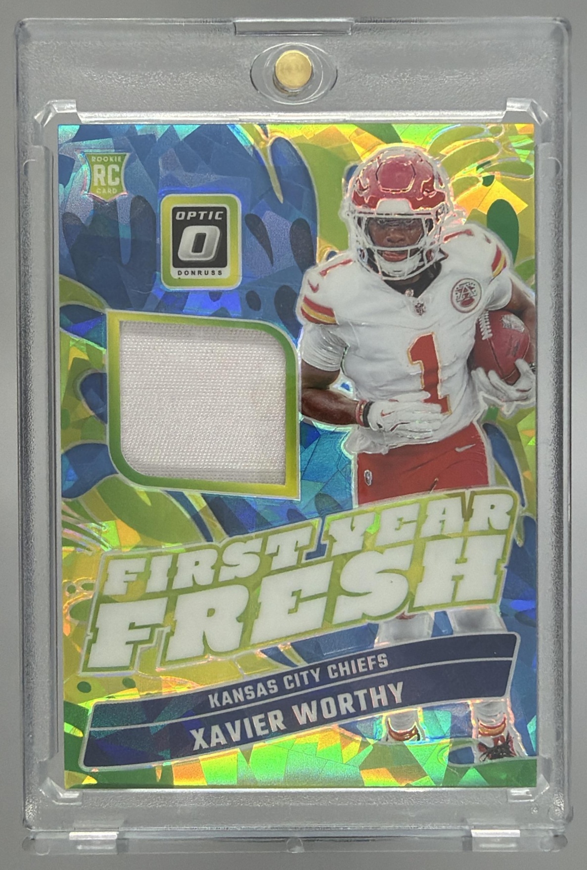 Card image for 2024 Panini Donruss Optic Xavier Worthy First Year Fresh Ice /49 #FYF-XWY MEM RC Chiefs