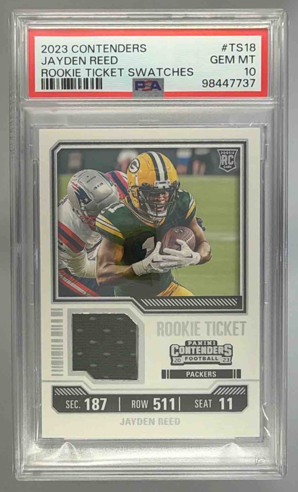 Card image for 2023 Panini Contenders Jayden Reed Rookie Ticket Swatches #TS18 MEM RC Packers