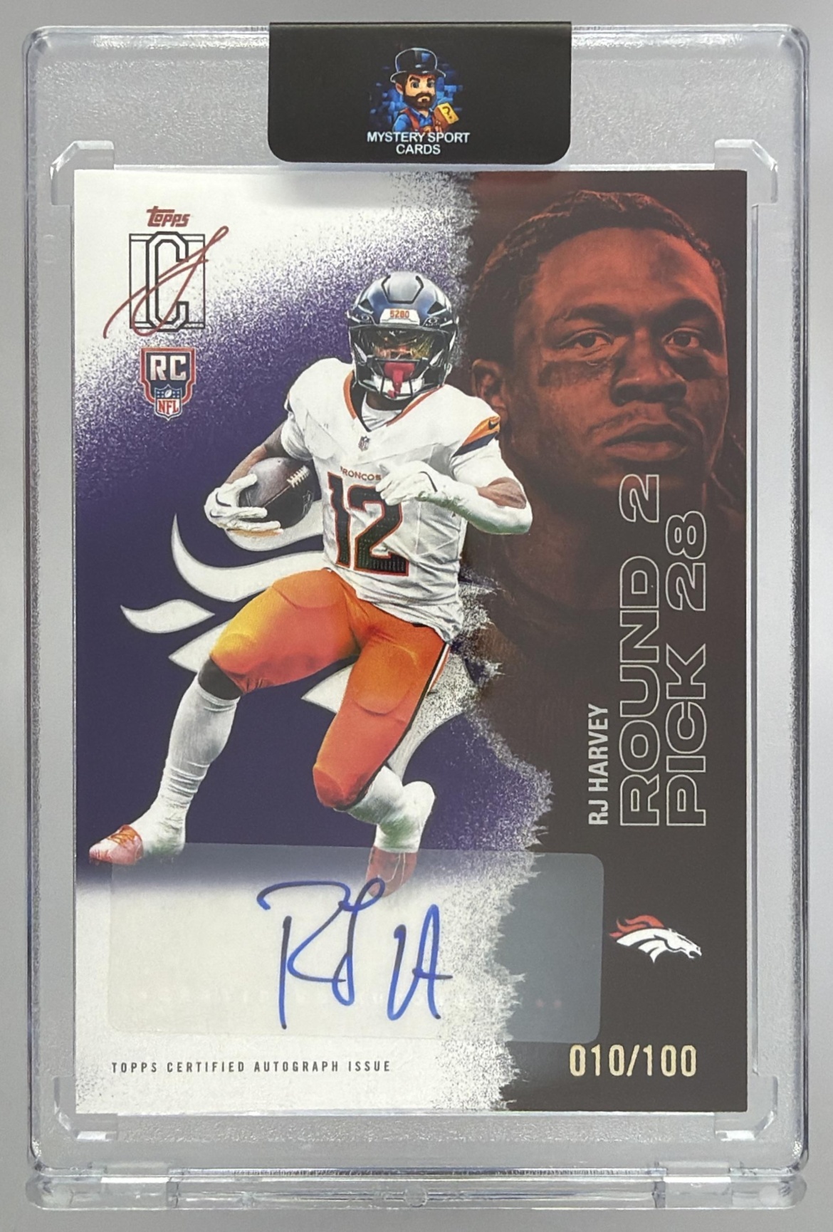 Card image for 2025 Topps Signature Class RJ Harvey Rookie Auto Purple Foil /100 #127 RC Broncos