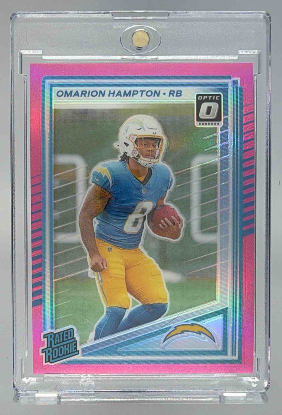 Card image for 2025 Panini Donruss Omarion Hampton Optic Rated Rookie Preview Pink #303 RC Chargers