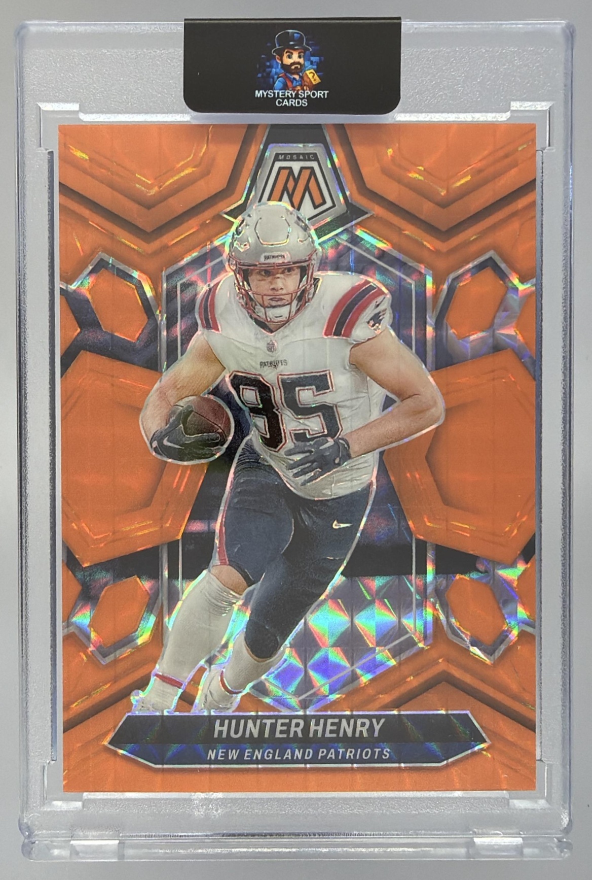 Card image for 2024 Panini Mosaic Hunter Henry Orange Fluorescent Prizm /25 #152 Patriots