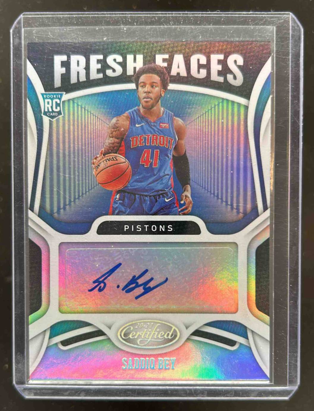 Card image for 2020-21 Panini Certified Saddiq Bey Fresh Faces Signatures #FS-SAD RC Auto