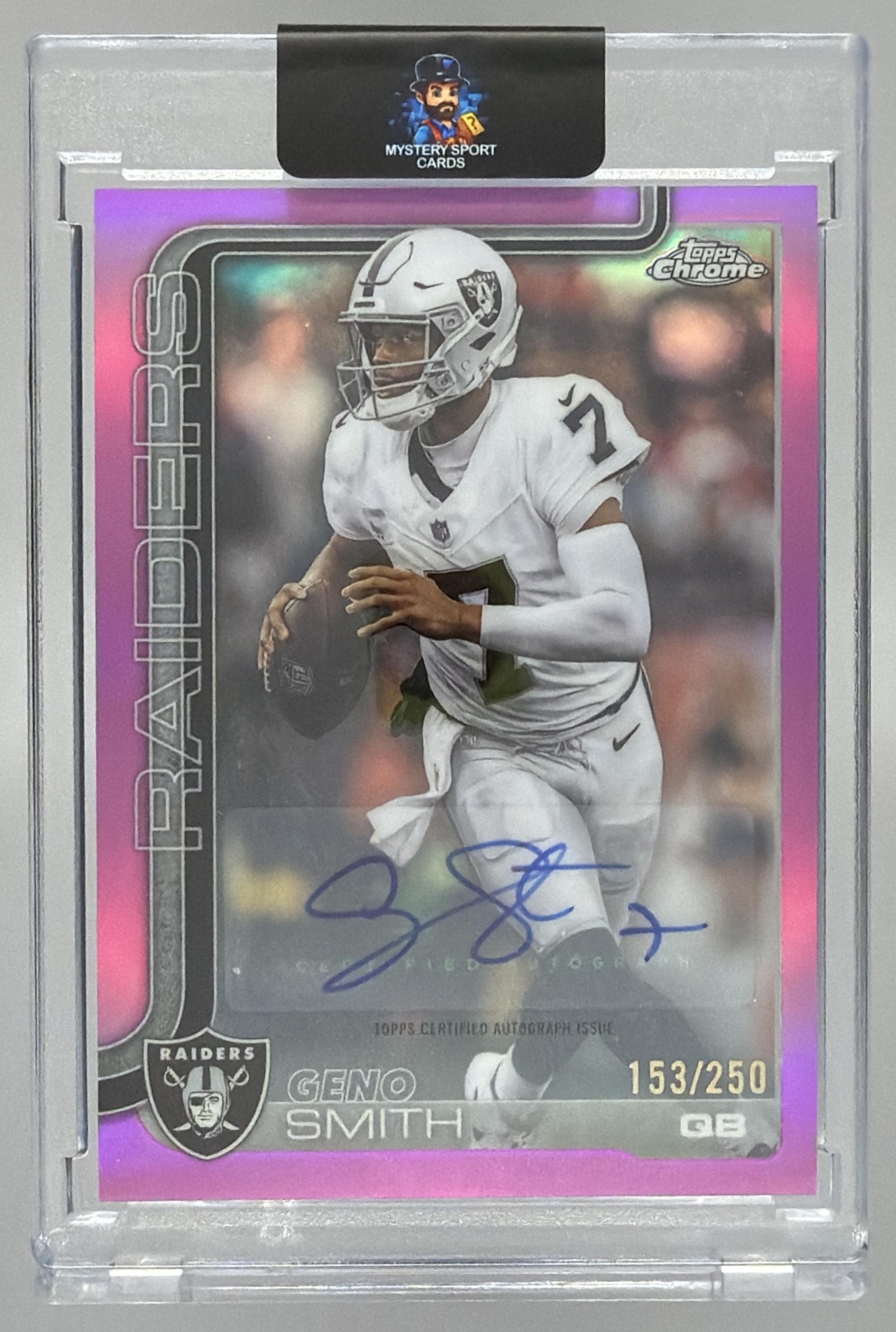 Card image for 2025 Topps Chrome Geno Smith Auto Pink Lava Refractor /250 #BA-GS Raiders