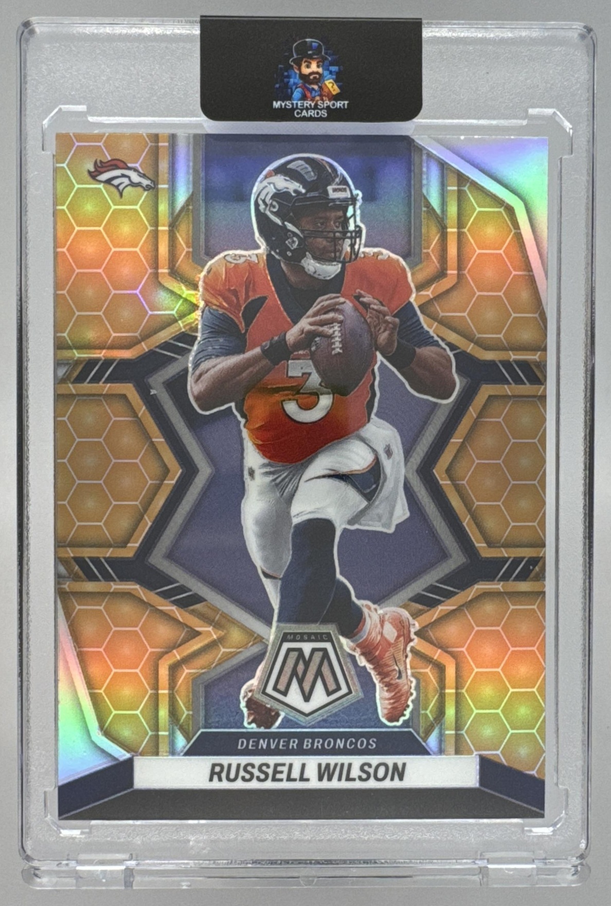 Card image for 2023 Panini Mosaic Russell Wilson Red and Yellow Fusion Mosaic Prizm /80 #65 Broncos
