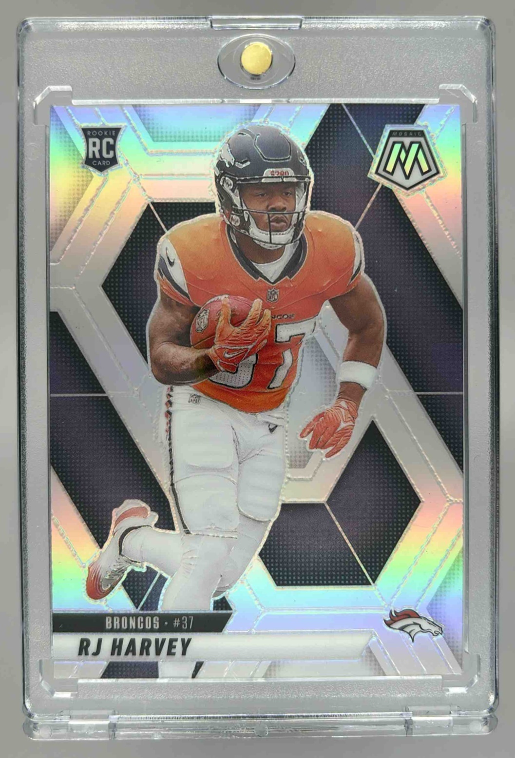 Card image for 2025 Panini Mosaic RJ Harvey Rookies Silver Prizm #375 RC Broncos