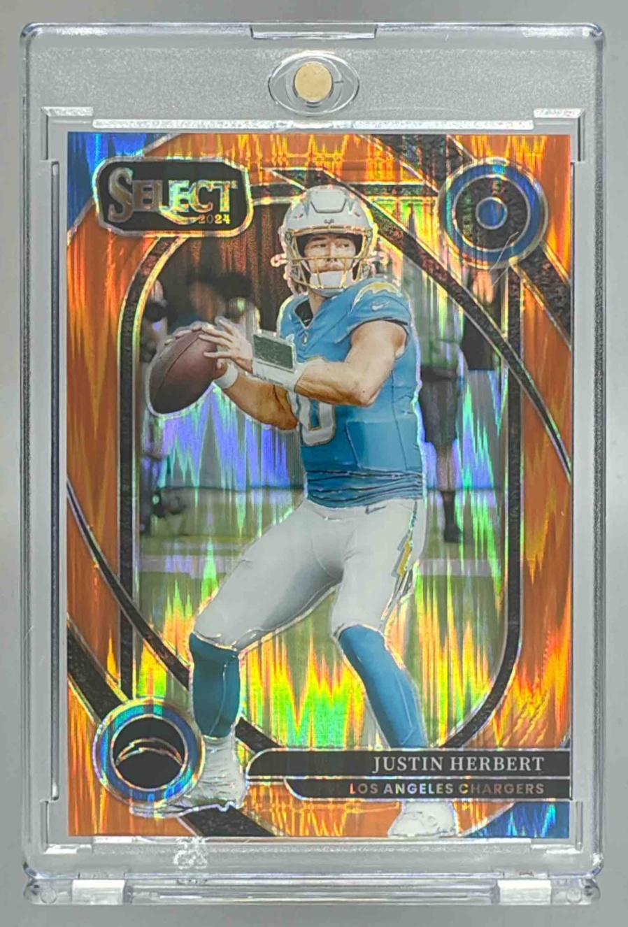Card image for 2024 Panini Select Justin Herbert Club Orange Prizm Shock /399 #232 Chargers