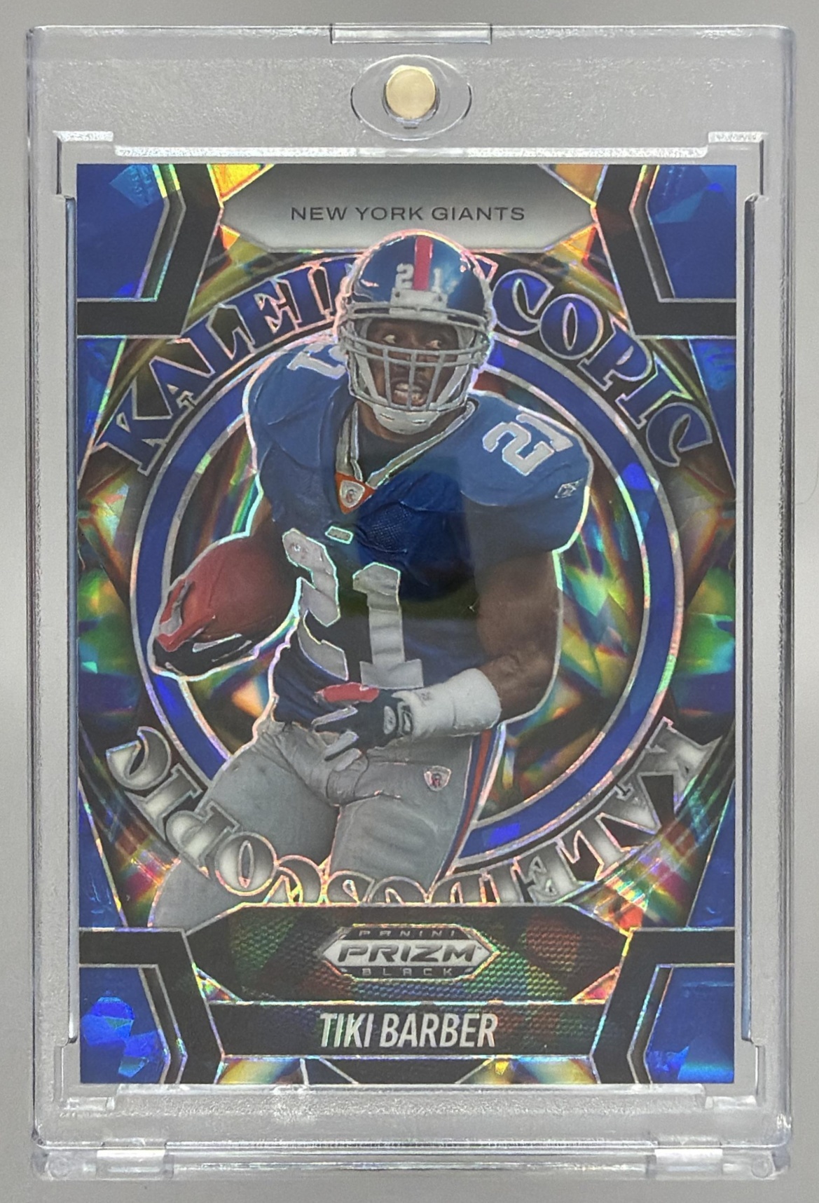 Card image for 2025 Panini Prizm Black Tiki Barber Kaleidoscopic Blue Ice /125 #22 Giants