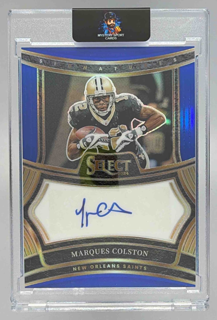 Card image for 2024 Panini Select Marques Colston Signatures Blue Prizm /149 #SP-MCN Auto Saints