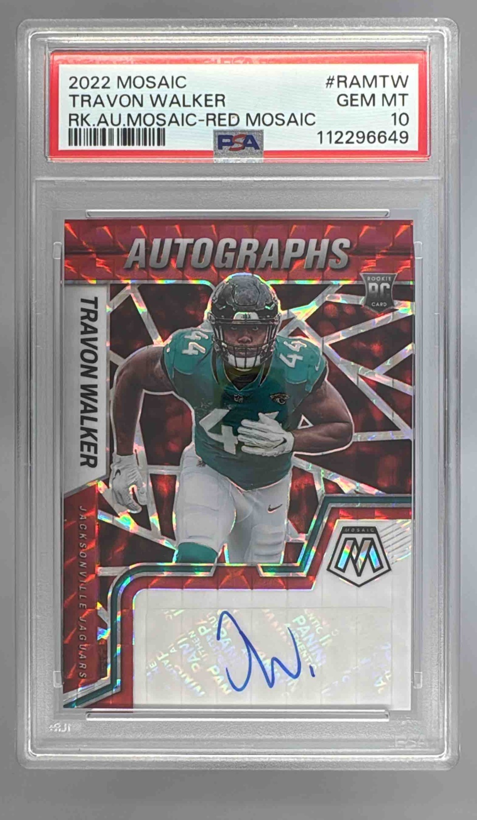 Card image for 2022 Panini Mosaic Travon Walker Rookie Auto Mosaic Red #RAM-TW RC Jaguars