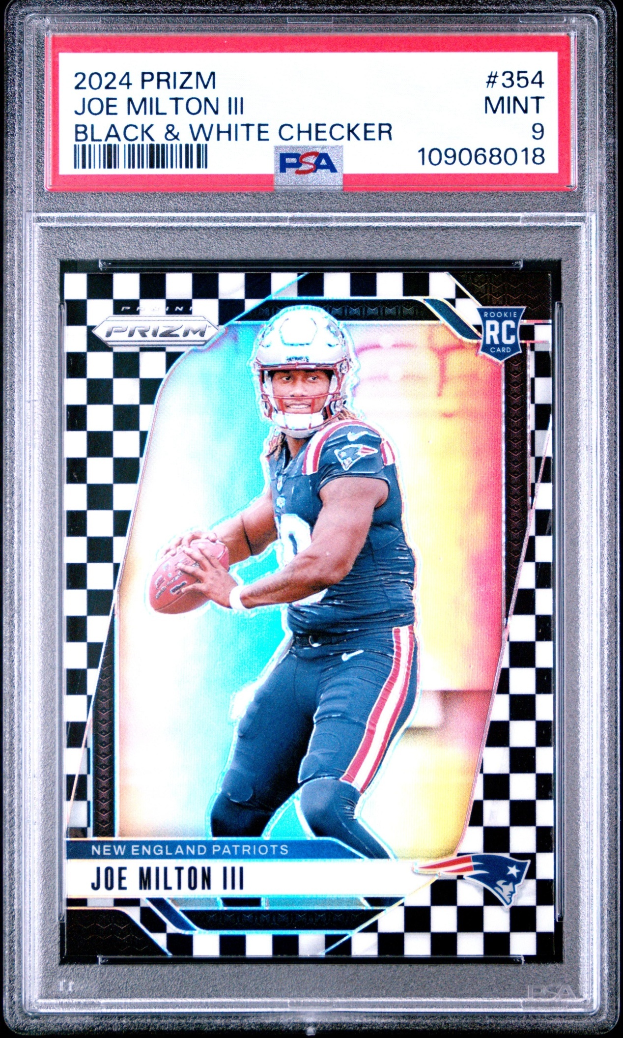 Card image for 2024 Panini Prizm Joe Milton III Black and White Checker #354 RC Patriots
