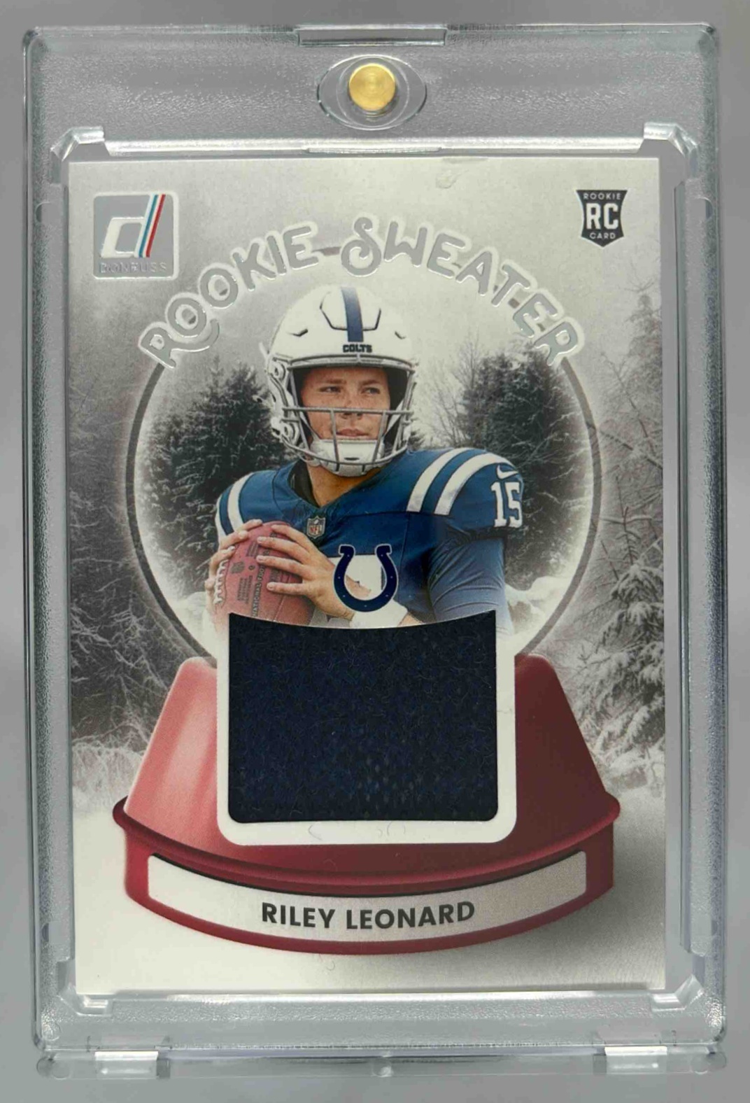 Card image for 2025 Panini Donruss Riley Leonard Rookie Holiday Sweater #26 MEM Colts