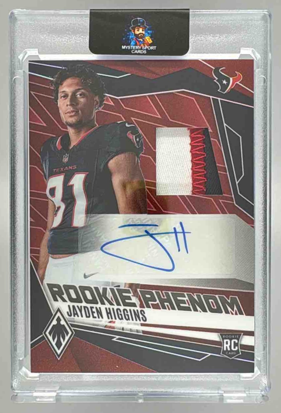 Card image for 2025 Panini Phoenix Jayden Higgins Rookie Phenoms Jersey Auto Red Prizm /99 #15 MEM RC Texans