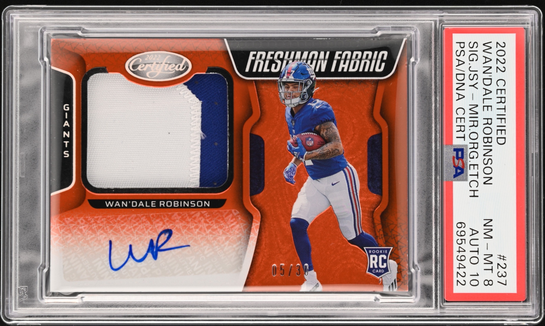 Card image for 2022 Panini Certified Wan Dale Robinson Mirror Teal /50 #237 MEM Auto RC Freshman Fabric Giants
